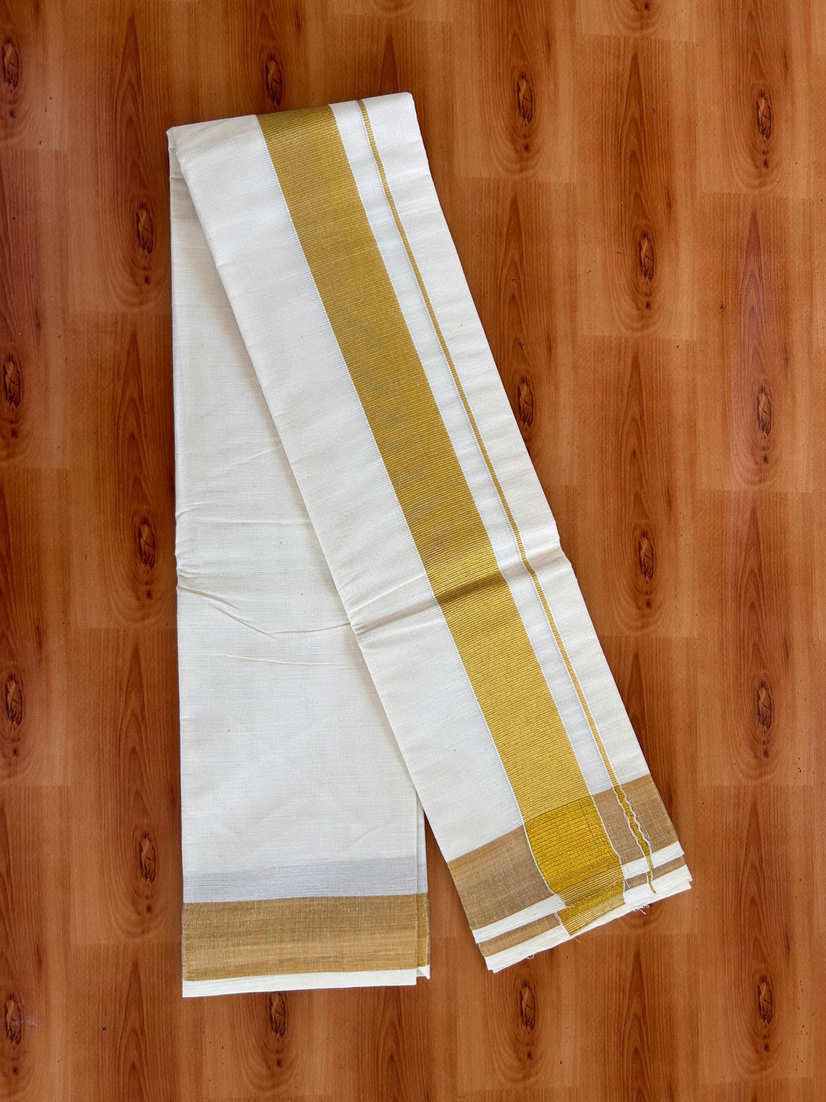 Neriyath Off White  (Unbleached) - KaithariKada -  Mixed Cotton - 1.5 Inch Gold Kasavu Kara - 1.78 mtr (3.64 muzham)- 4 KK5531 PMC