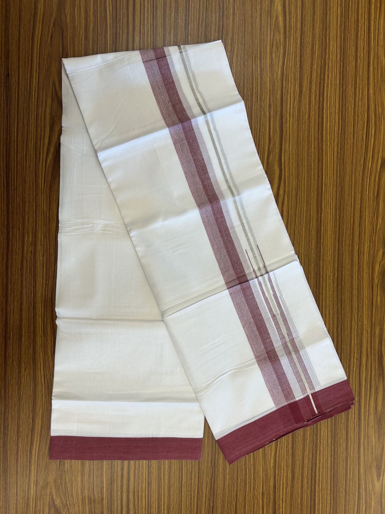 20% Discount ! Kaitharikada Balaramapuram 100% Pure Cotton Double Pure White Mundu/Dhoti - 100x80 - 1.5 inch Silver Kasav & Light Maroon Shaded Stripes Chutty 3.90 mtr (8 muzham) - 50 KK5312 PMC
