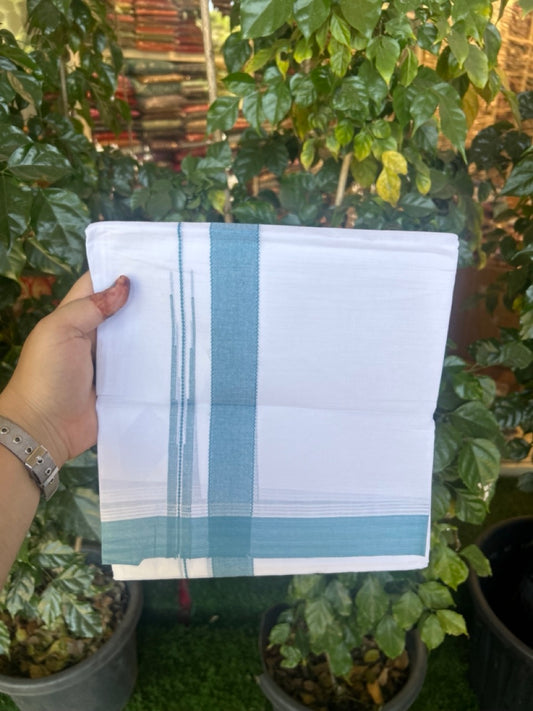 20% Discount! KaithariKada Balaramapuram 100% Cotton Double Pure white Mundu/Dhoti- 60s - 1.25 inch Blue Green shaded chutty kara - 3.90mtr ( 8 muzham) - 28 KK5279 CKS
