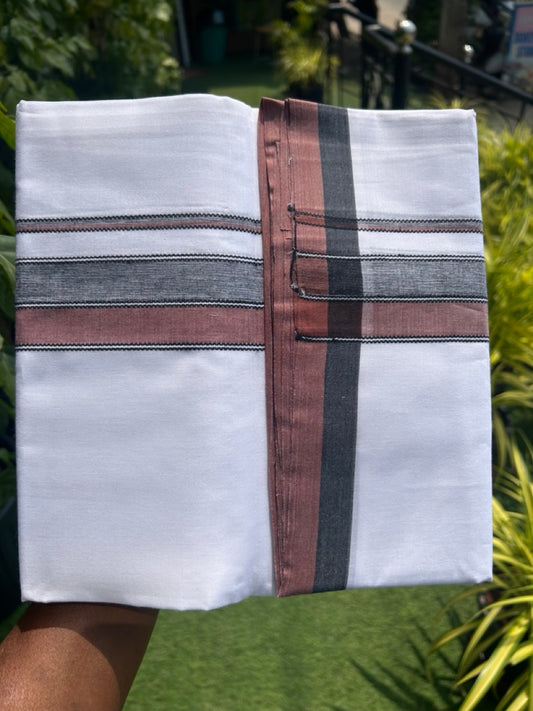 28% DISCOUNT! KaithariKada Balaramapuram 100% Cotton PURE WHITE Double Mundu/Dhoti-100x80 2.5 inch Penny Brown & Black shaded designer kara - 9KK5116MR