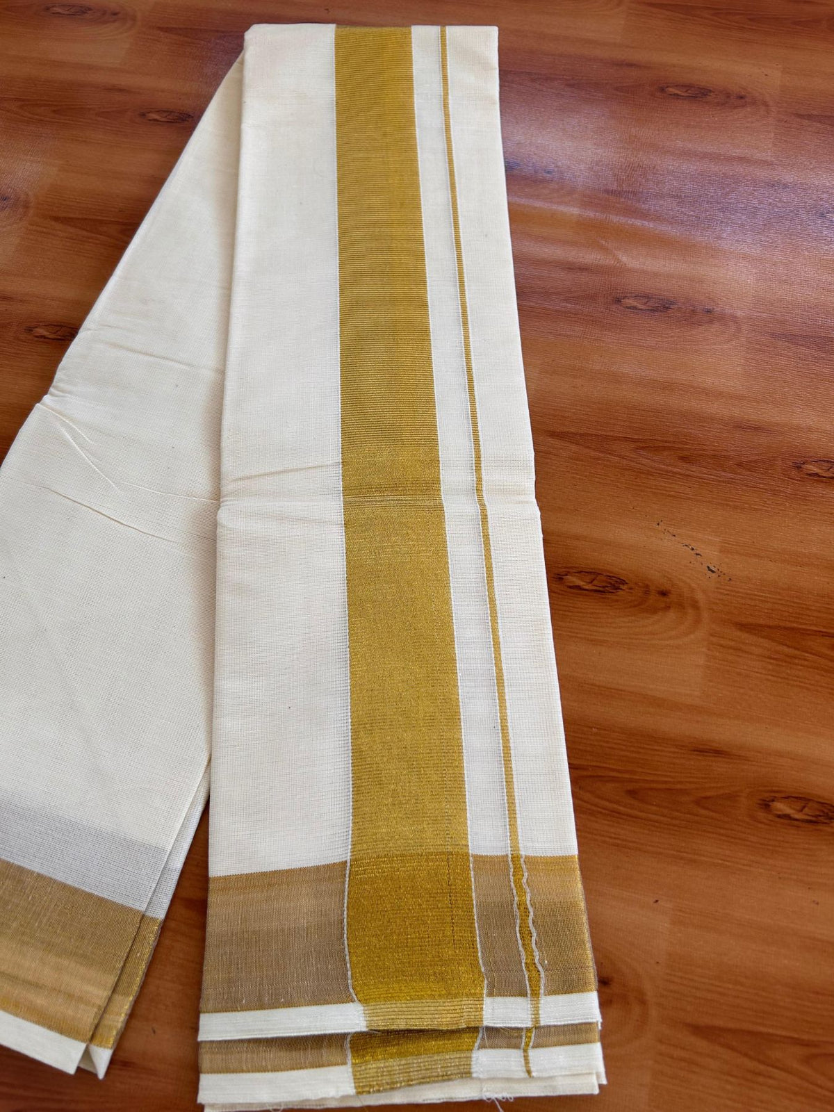 Neriyath Off White  (Unbleached) - KaithariKada -  Mixed Cotton - 1.5 Inch Gold Kasavu Kara - 1.78 mtr (3.64 muzham)- 4 KK5531 PMC