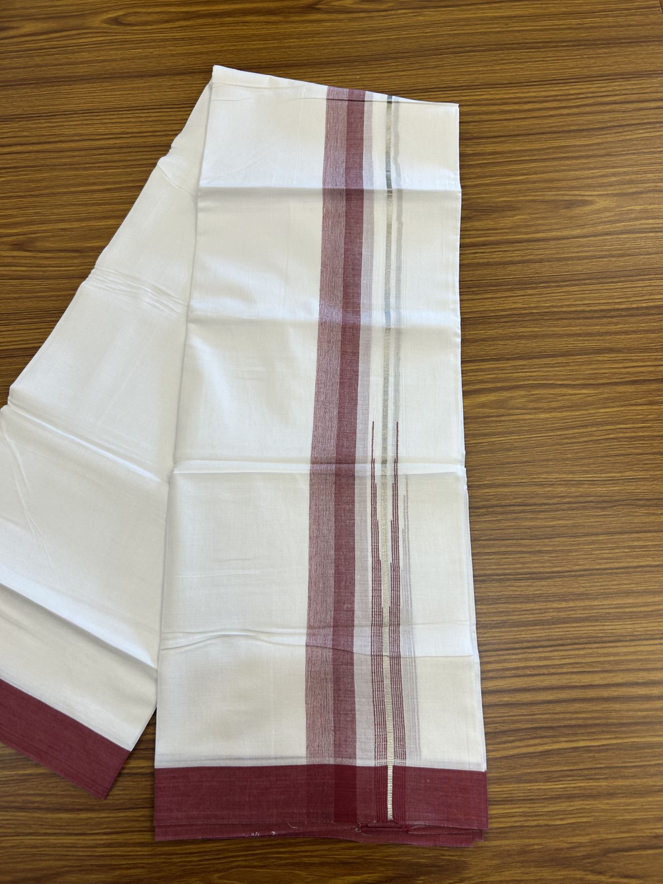 20% Discount ! Kaitharikada Balaramapuram 100% Pure Cotton Double Pure White Mundu/Dhoti - 100x80 - 1.5 inch Silver Kasav & Light Maroon Shaded Stripes Chutty 3.90 mtr (8 muzham) - 50 KK5312 PMC