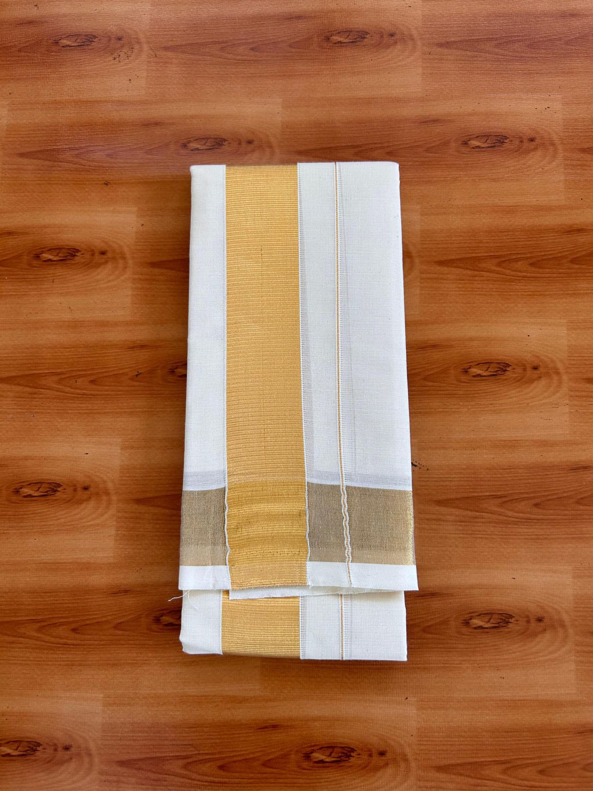 Neriyath Off White  (Unbleached) - KaithariKada -  Mixed Cotton - 1.5 Inch Gold Kasavu Kara - 1.68 mtr (3.64 muzham)- 5 KK5531 PMC