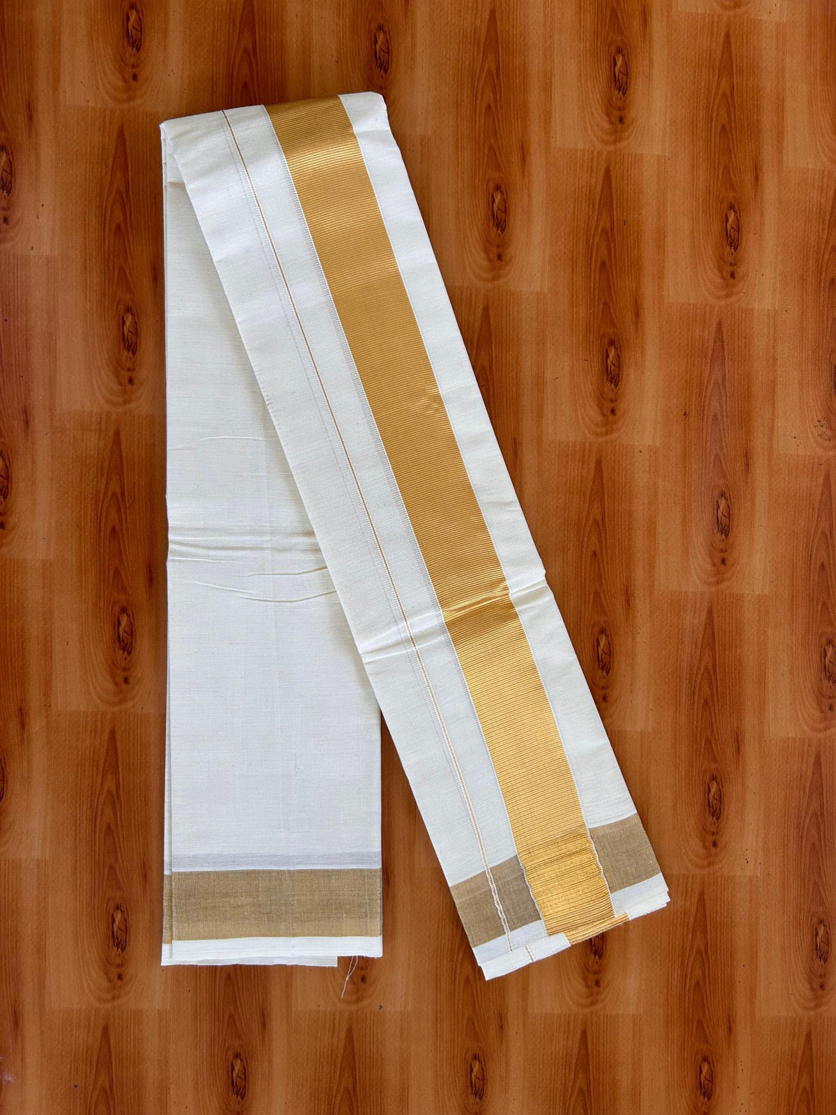 Neriyath Off White  (Unbleached) - KaithariKada -  Mixed Cotton - 1.5 Inch Gold Kasavu Kara - 1.68 mtr (3.64 muzham)- 5 KK5531 PMC
