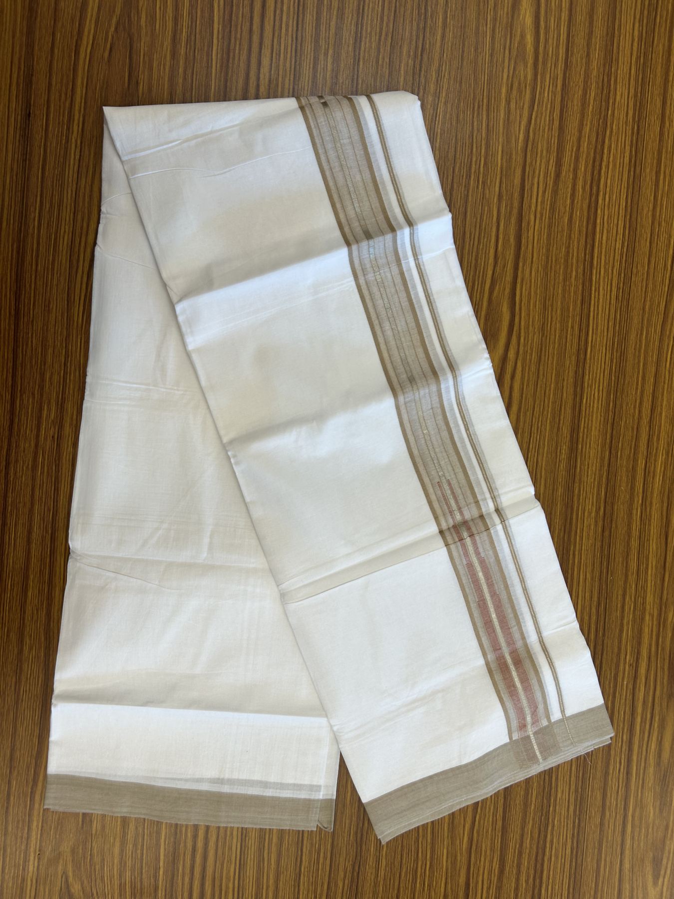 20% Discount ! Kaitharikada Balaramapuram 100% Pure Cotton Double Pure White Mundu/Dhoti - 100x80 - 1.5 inch Silver Kasav Brown & Brick Red Shaded Stripes Chutty 3.90 mtr (8 muzham) - 56 KK5312 PMC
