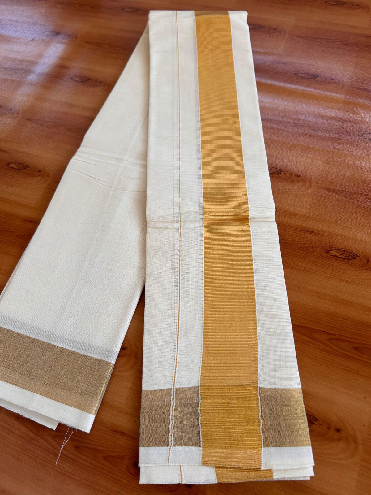 Neriyath Off White  (Unbleached) - KaithariKada -  Mixed Cotton - 1.5 Inch Gold Kasavu Kara - 1.68 mtr (3.64 muzham)- 5 KK5531 PMC