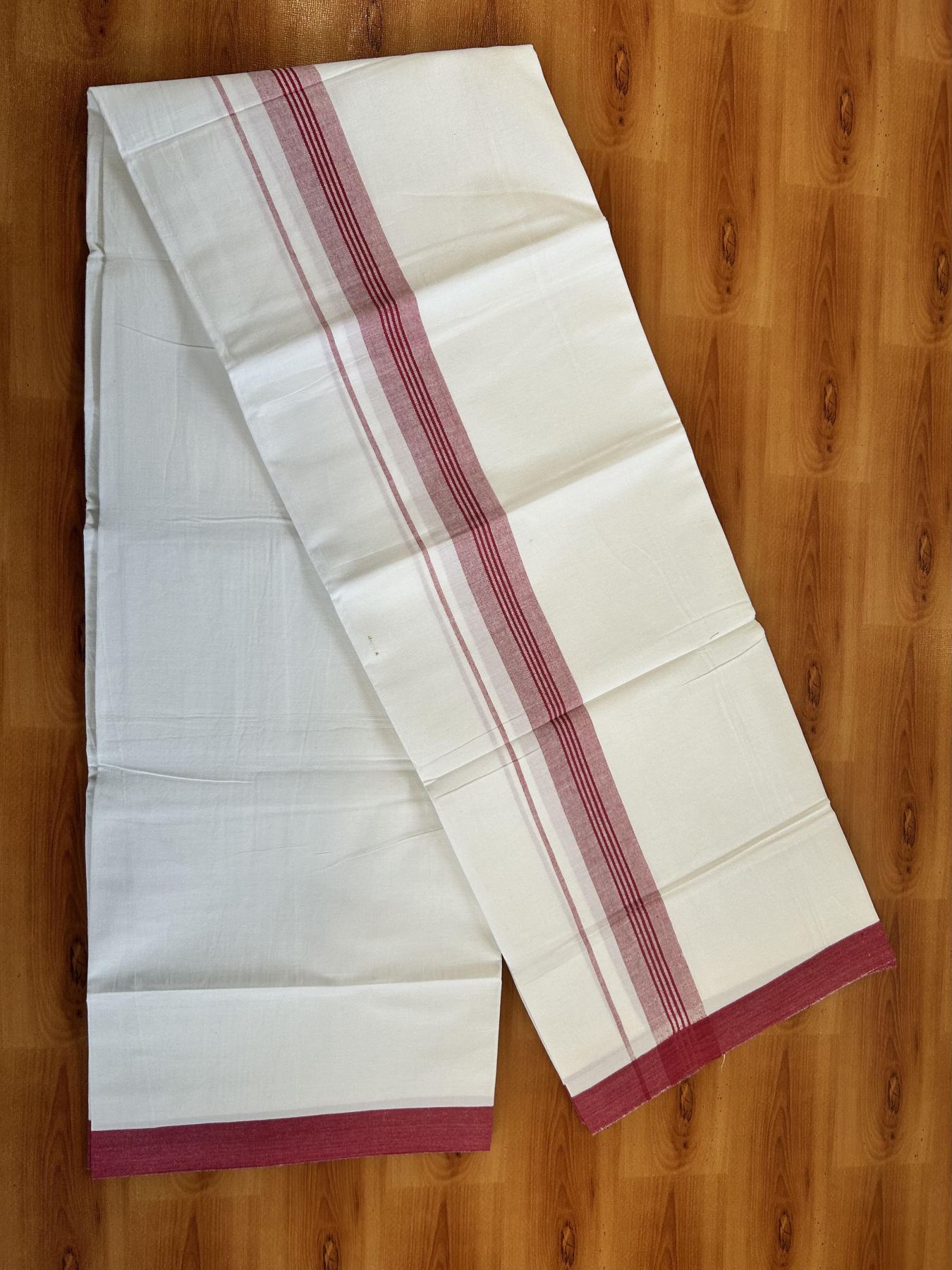 Single Pure White Mundu/Dhoti - KaithariKada Balaramapuram Pure Cotton - 70x30 - 1.25 Inch Magenta Shaded Striped Kara 1.90 mtr (4 muzham) - 24 KK5418 PMC