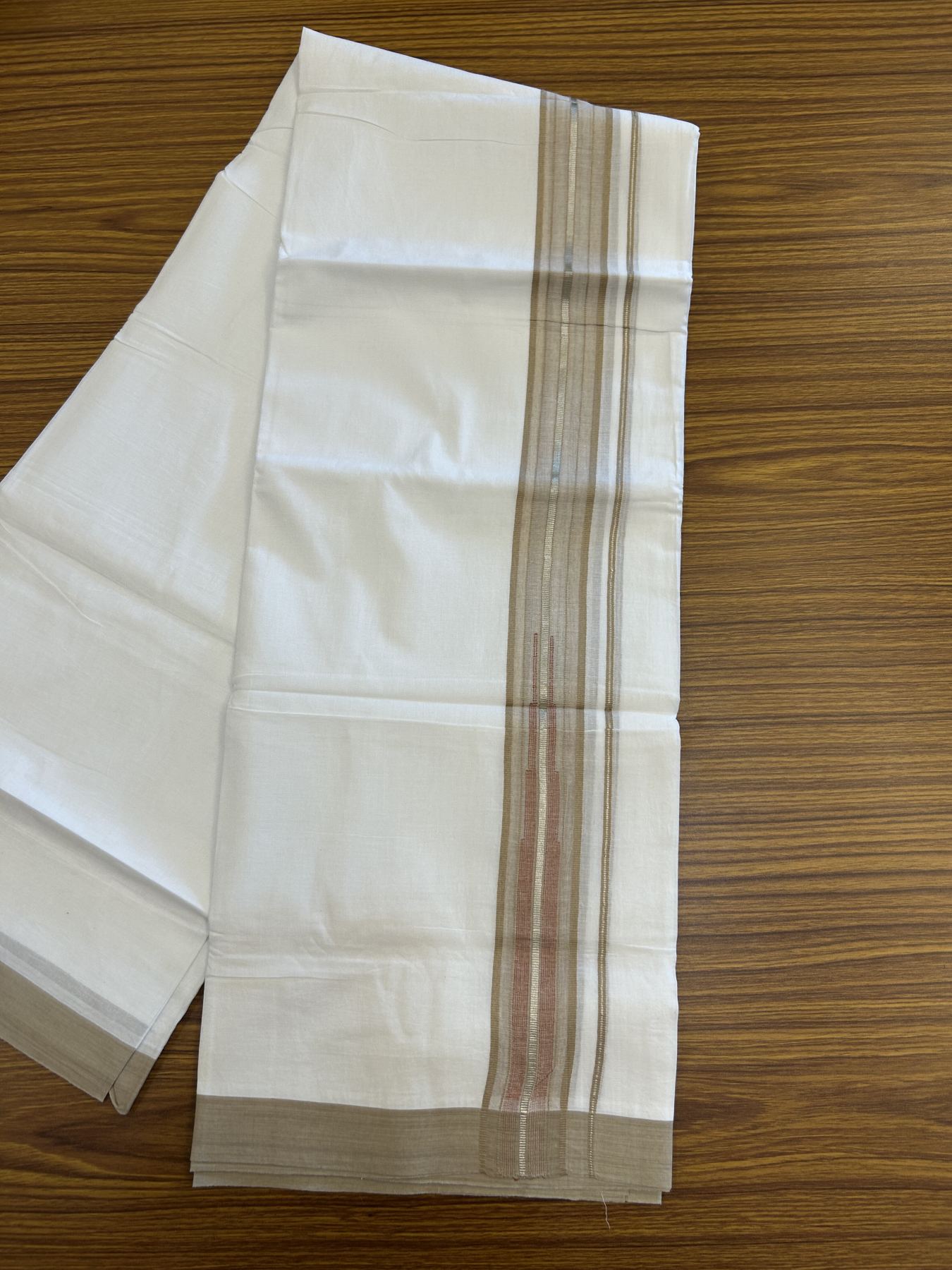 20% Discount ! Kaitharikada Balaramapuram 100% Pure Cotton Double Pure White Mundu/Dhoti - 100x80 - 1.5 inch Silver Kasav Brown & Brick Red Shaded Stripes Chutty 3.90 mtr (8 muzham) - 56 KK5312 PMC
