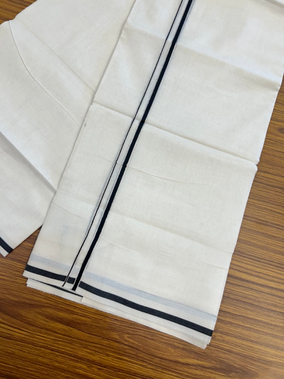 20% Discount ! Kaitharikada Balaramapuram 100% Cotton Off White Double Mundu/Dothi  - 100x80- 0.25 Inch Silver Kasav & Black Kara - 4mtr (8.5muzham)- 12 KK5279 CKS
