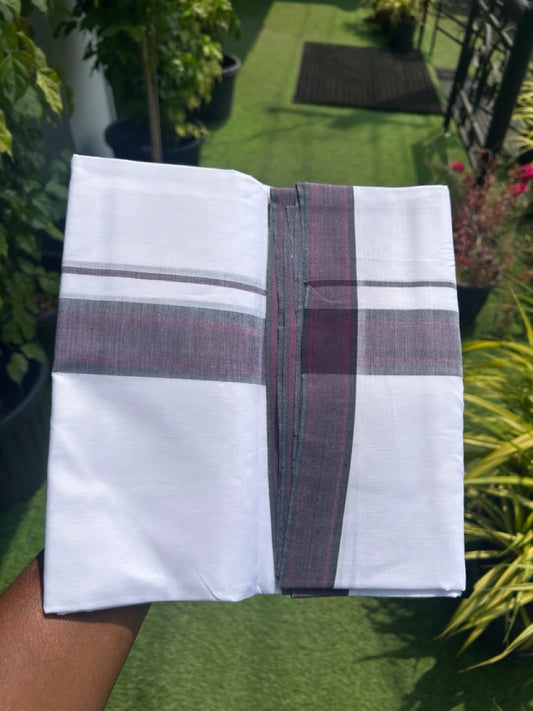 20% DISCOUNT! KaithariKada Balaramapuram 100% Cotton PURE WHITE Double Mundu/Dhoti-100x80 2.25 inch PURPLE & BLACK shaded kara - 5KK5116MR