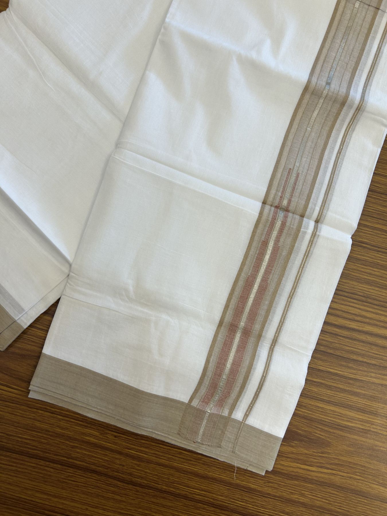 20% Discount ! Kaitharikada Balaramapuram 100% Pure Cotton Double Pure White Mundu/Dhoti - 100x80 - 1.5 inch Silver Kasav Brown & Brick Red Shaded Stripes Chutty 3.90 mtr (8 muzham) - 56 KK5312 PMC