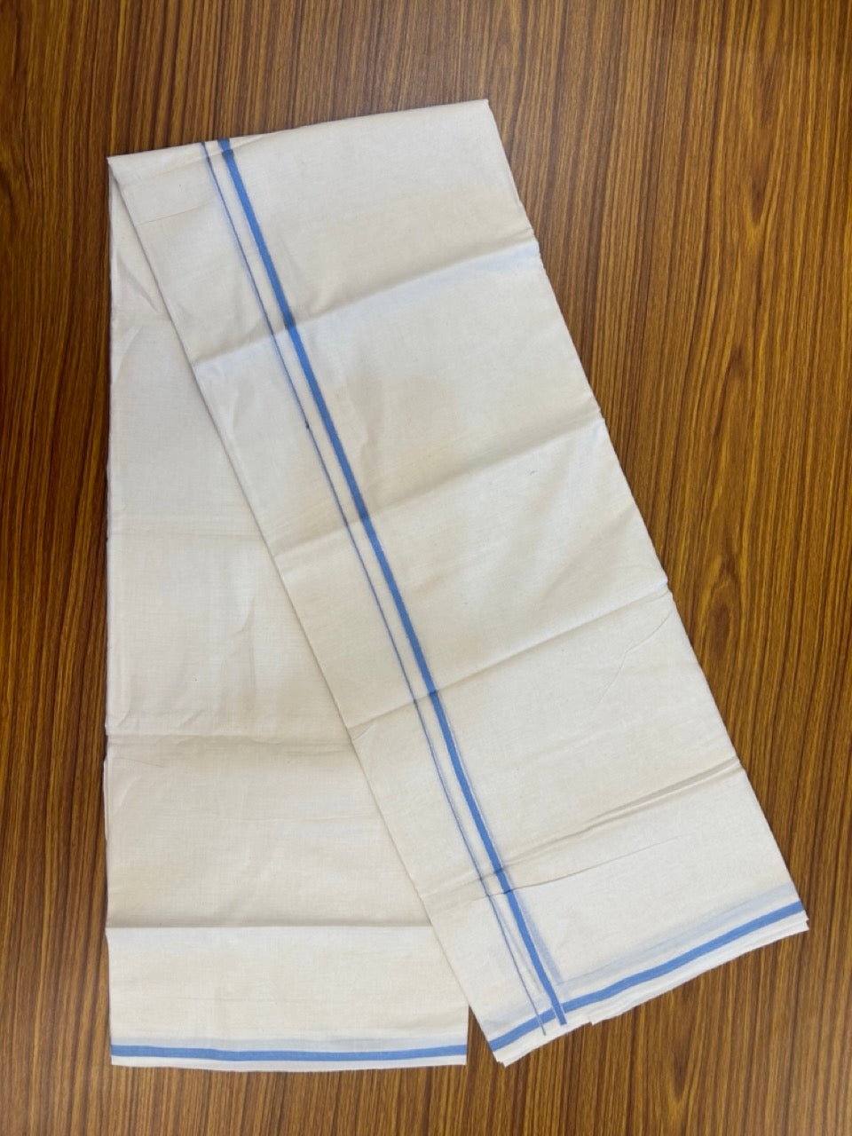 20% Discount ! Kaitharikada Balaramapuram 100% Cotton Off White Double Mundu/Dothi  - 100x80- 0.25 Inch Silver Kasav & Blue Kara - 4mtr (8.5muzham)- 11 KK5279 CKS