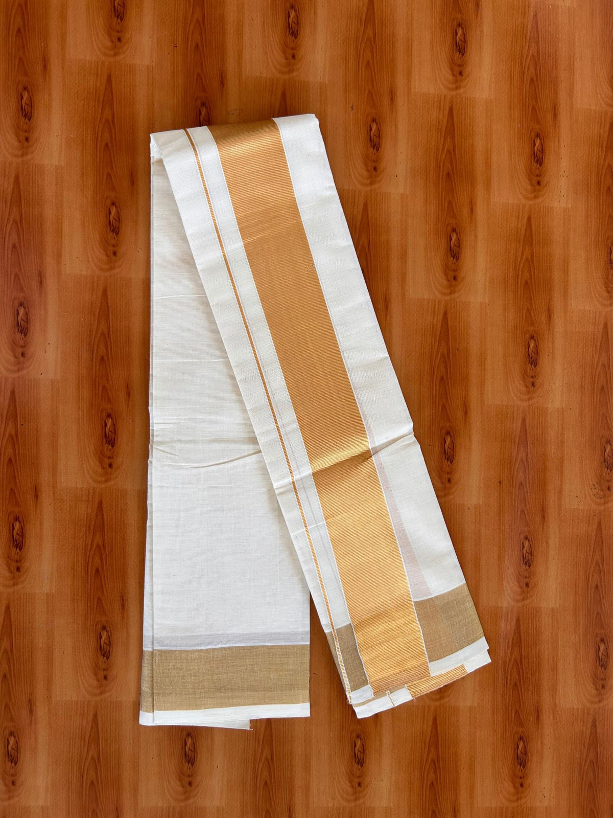 Neriyath Off White  (Unbleached) - KaithariKada -  Mixed Cotton - 2 Inch Gold Kasavu Kara - 1.70 mtr (3.64 muzham)- 6 KK5531 PMC