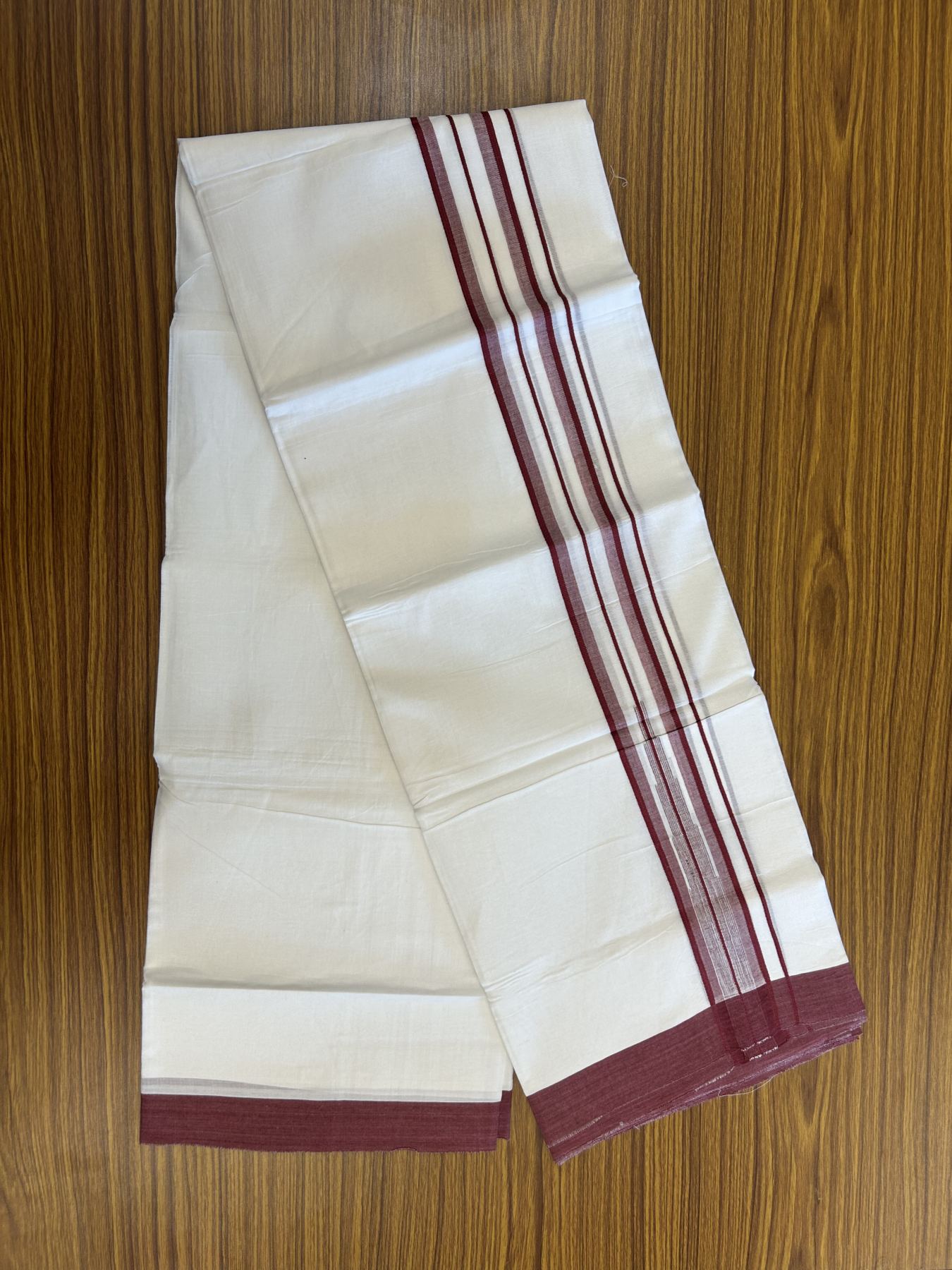 20% Discount ! Kaitharikada Balaramapuram 100% Pure Cotton Double Pure White Mundu/Dhoti - 100x80 - 1.75 inch Maroon Striped Chutty 3.90 mtr (8 muzham) - 23 KK5312 PMC