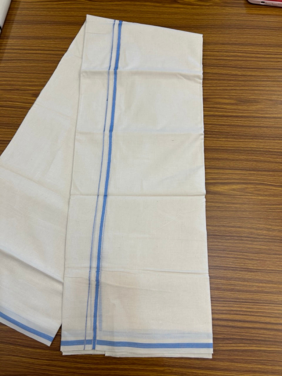 20% Discount ! Kaitharikada Balaramapuram 100% Cotton Off White Double Mundu/Dothi  - 100x80- 0.25 Inch Silver Kasav & Blue Kara - 4mtr (8.5muzham)- 11 KK5279 CKS