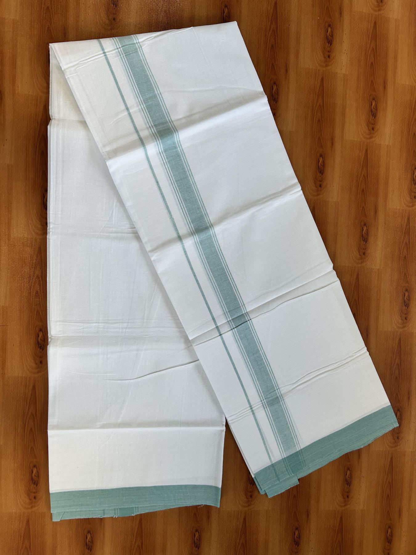 Single Pure White Mundu/Dhoti - KaithariKada Balaramapuram Pure Cotton - 70x30 - 1.25 Inch Teal Green Shaded Striped Kara 1.90 mtr (4 muzham) - 22 KK5418 PMC