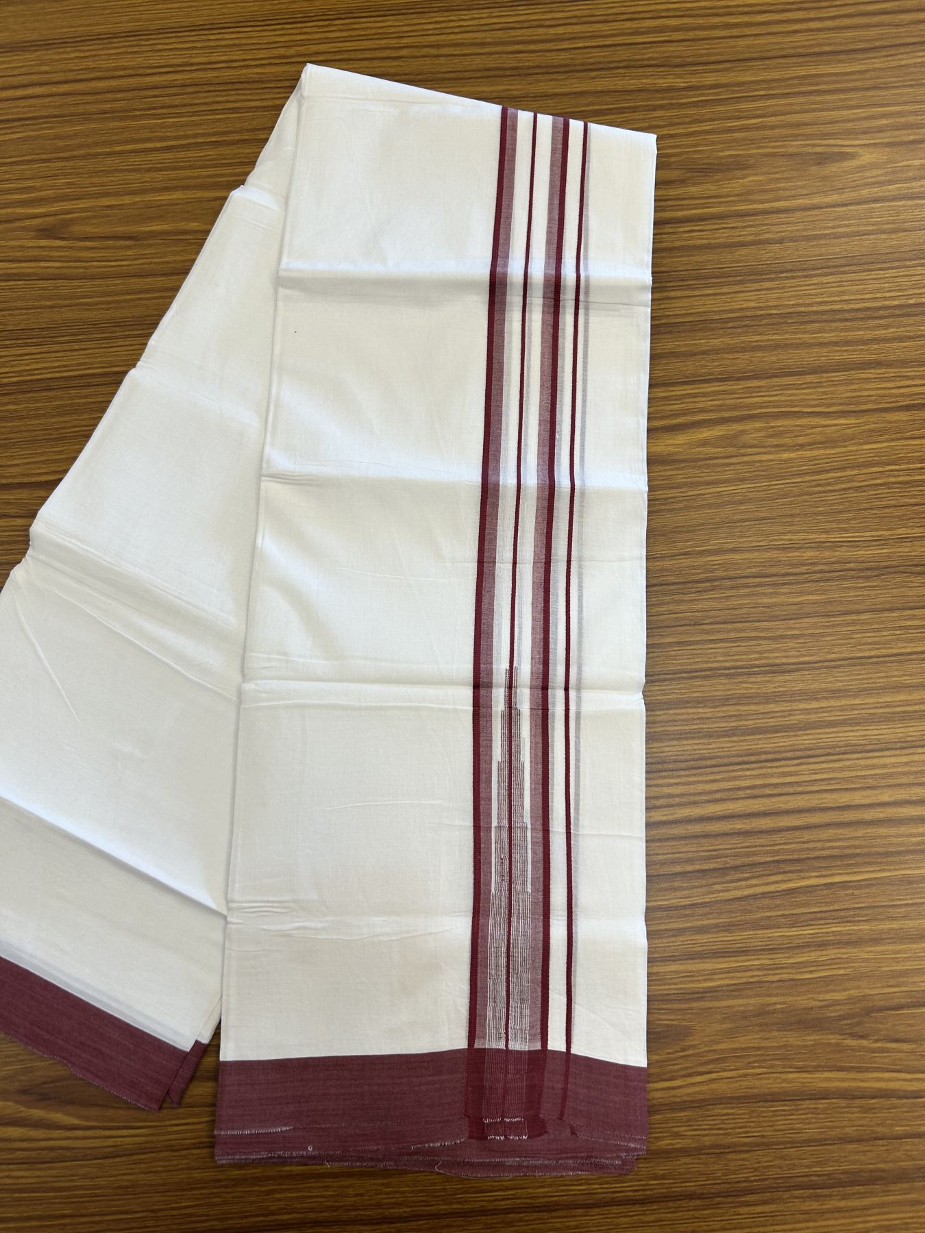20% Discount ! Kaitharikada Balaramapuram 100% Pure Cotton Double Pure White Mundu/Dhoti - 100x80 - 1.75 inch Maroon Striped Chutty 3.90 mtr (8 muzham) - 23 KK5312 PMC