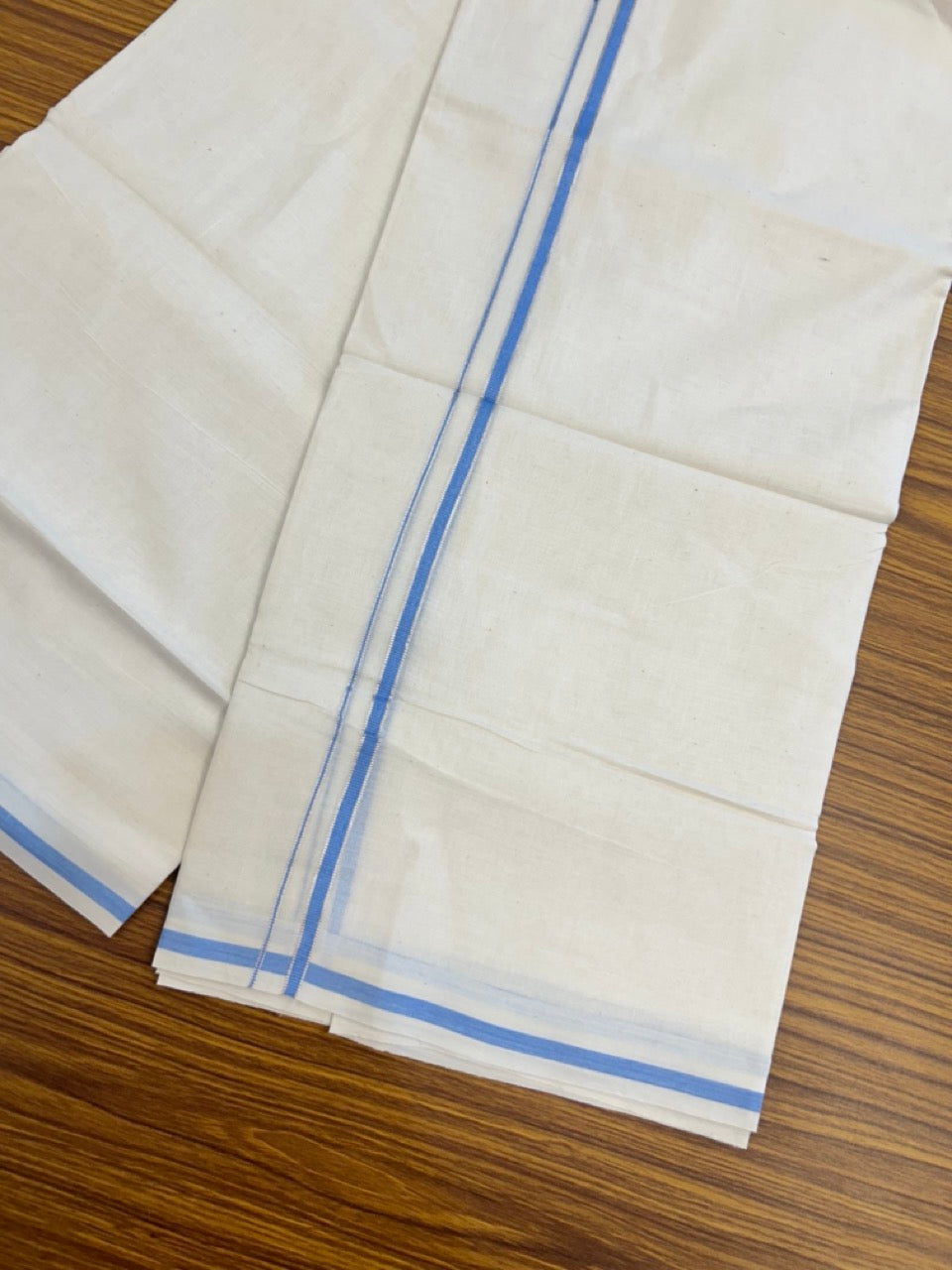 20% Discount ! Kaitharikada Balaramapuram 100% Cotton Off White Double Mundu/Dothi  - 100x80- 0.25 Inch Silver Kasav & Blue Kara - 4mtr (8.5muzham)- 11 KK5279 CKS
