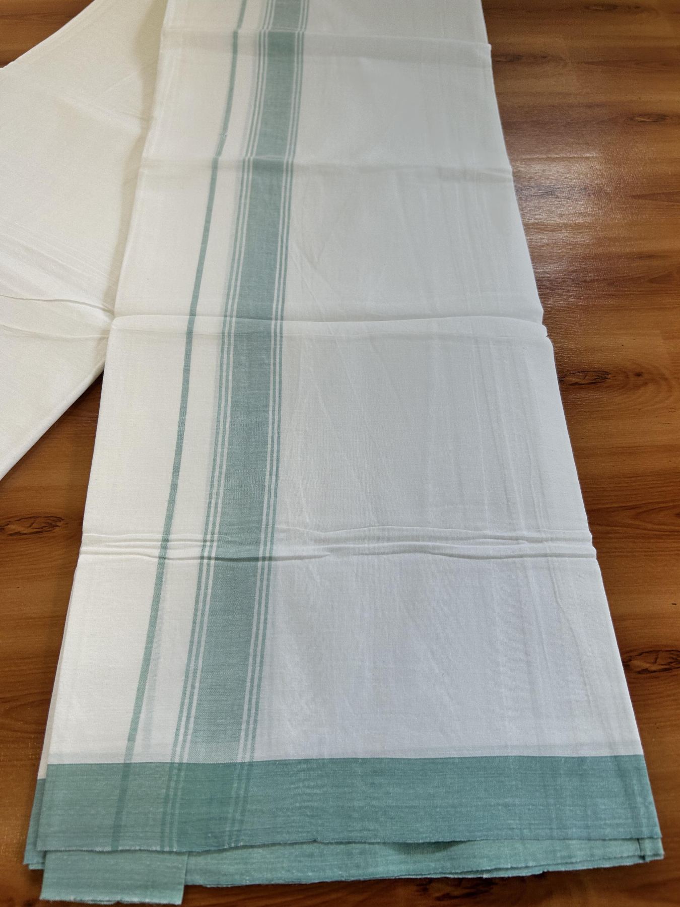 Single Pure White Mundu/Dhoti - KaithariKada Balaramapuram Pure Cotton - 70x30 - 1.25 Inch Teal Green Shaded Striped Kara 1.90 mtr (4 muzham) - 22 KK5418 PMC
