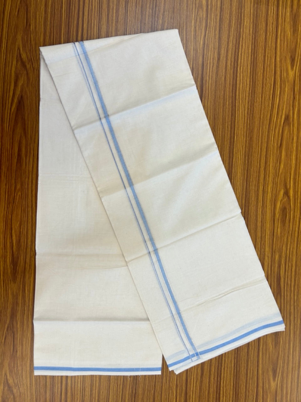 20% Discount ! Kaitharikada Balaramapuram 100% Cotton Off White Double Mundu/Dothi  - 100x80- 0.25 Inch Silver Kasav & Blue Shaded Kara - 4mtr (8.5muzham)- 10 KK5279 CKS
