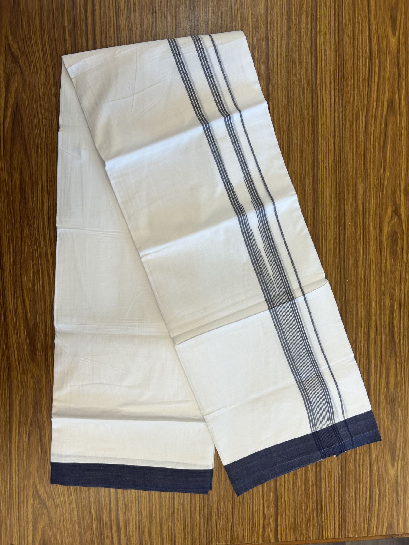 20% Discount ! Kaitharikada Balaramapuram 100% Pure Cotton Double Pure White Mundu/Dhoti - 100x80 - 1.75 inch Navy Blue Shaded Striped Chutty 3.90 mtr (8 muzham) - 25 KK5312 PMC