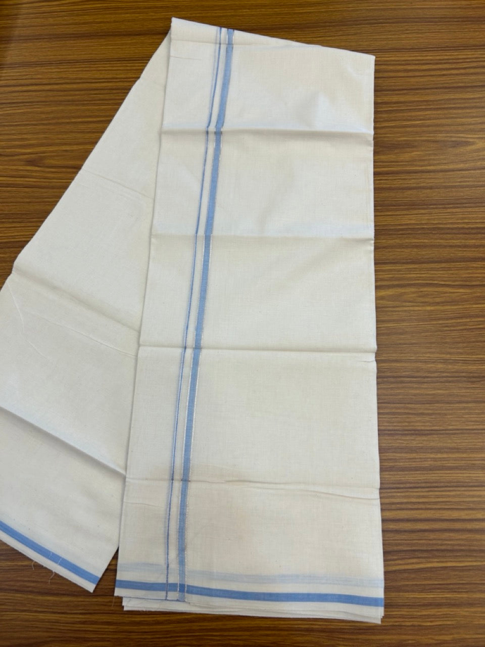 20% Discount ! Kaitharikada Balaramapuram 100% Cotton Off White Double Mundu/Dothi  - 100x80- 0.25 Inch Silver Kasav & Blue Shaded Kara - 4mtr (8.5muzham)- 10 KK5279 CKS