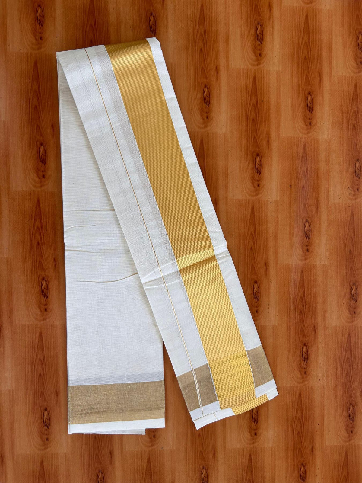 Neriyath Off White  (Unbleached) - KaithariKada -  Mixed Cotton - 2.25 Inch Gold Kasavu Kara - 1.70 mtr (3.64 muzham)- 7 KK5531 PMC
