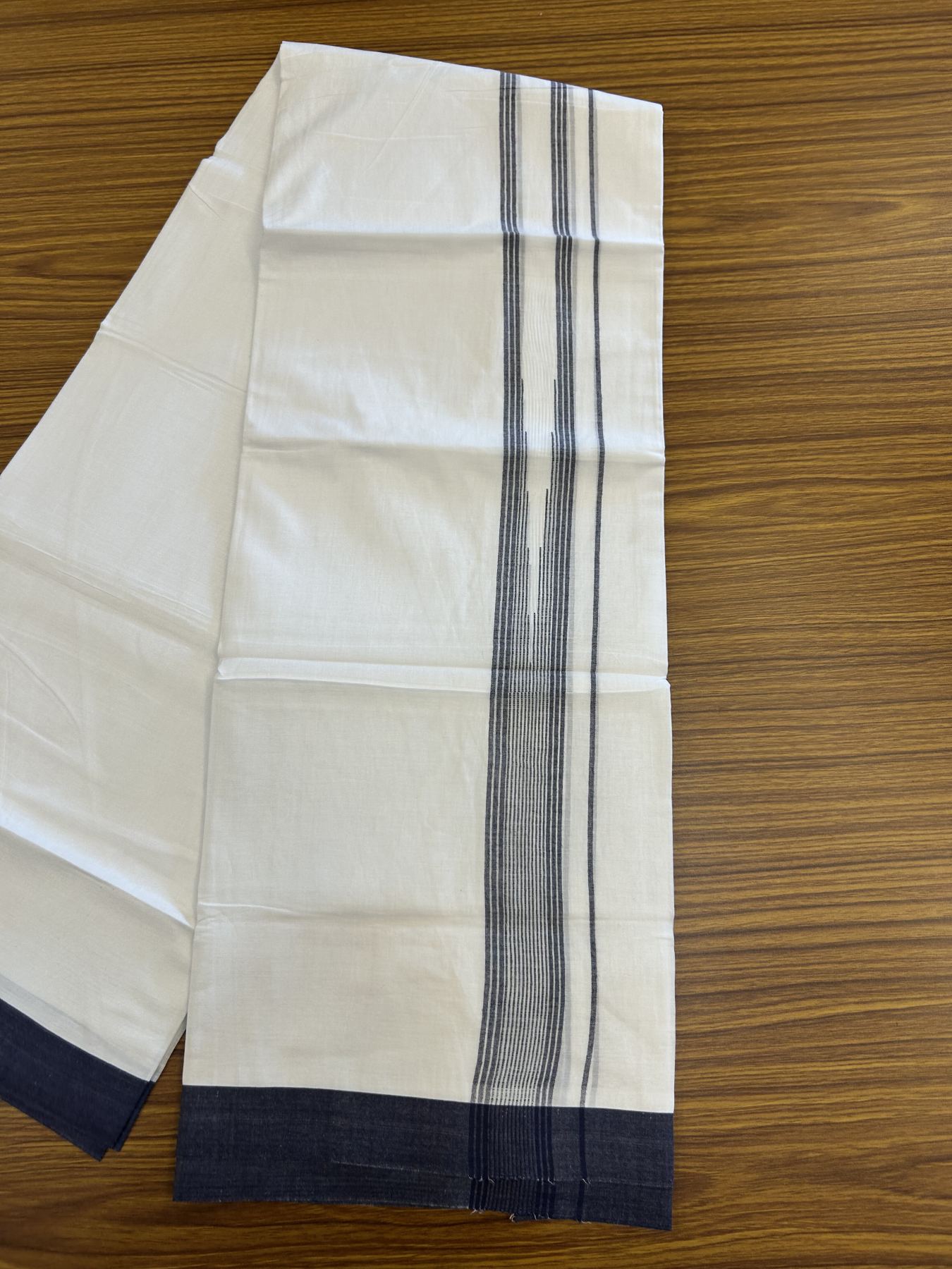 20% Discount ! Kaitharikada Balaramapuram 100% Pure Cotton Double Pure White Mundu/Dhoti - 100x80 - 1.75 inch Navy Blue Shaded Striped Chutty 3.90 mtr (8 muzham) - 25 KK5312 PMC