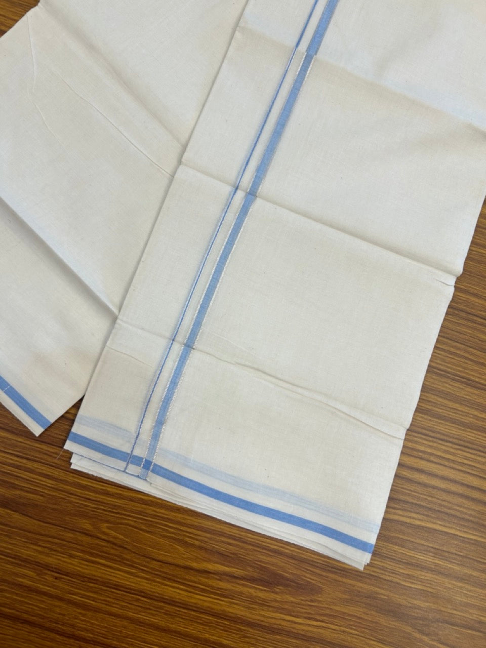 20% Discount ! Kaitharikada Balaramapuram 100% Cotton Off White Double Mundu/Dothi  - 100x80- 0.25 Inch Silver Kasav & Blue Shaded Kara - 4mtr (8.5muzham)- 10 KK5279 CKS