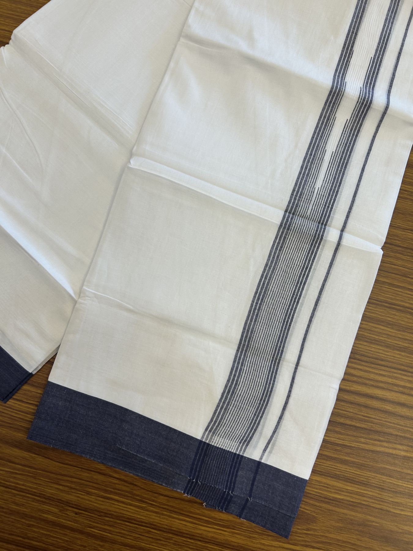 20% Discount ! Kaitharikada Balaramapuram 100% Pure Cotton Double Pure White Mundu/Dhoti - 100x80 - 1.75 inch Navy Blue Shaded Striped Chutty 3.90 mtr (8 muzham) - 25 KK5312 PMC
