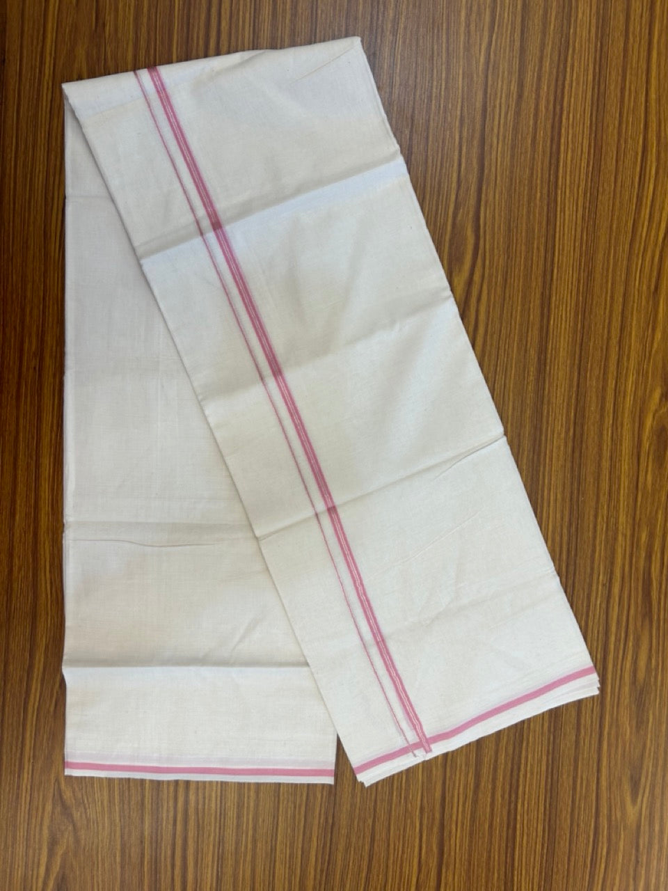 20% Discount ! Kaitharikada Balaramapuram 100% Cotton Off White Double Mundu/Dothi  - 100x80- 0.25 Inch Pink & Silver Kasav Striped Kara - 4mtr (8.5muzham)- 8 KK5279 CKS