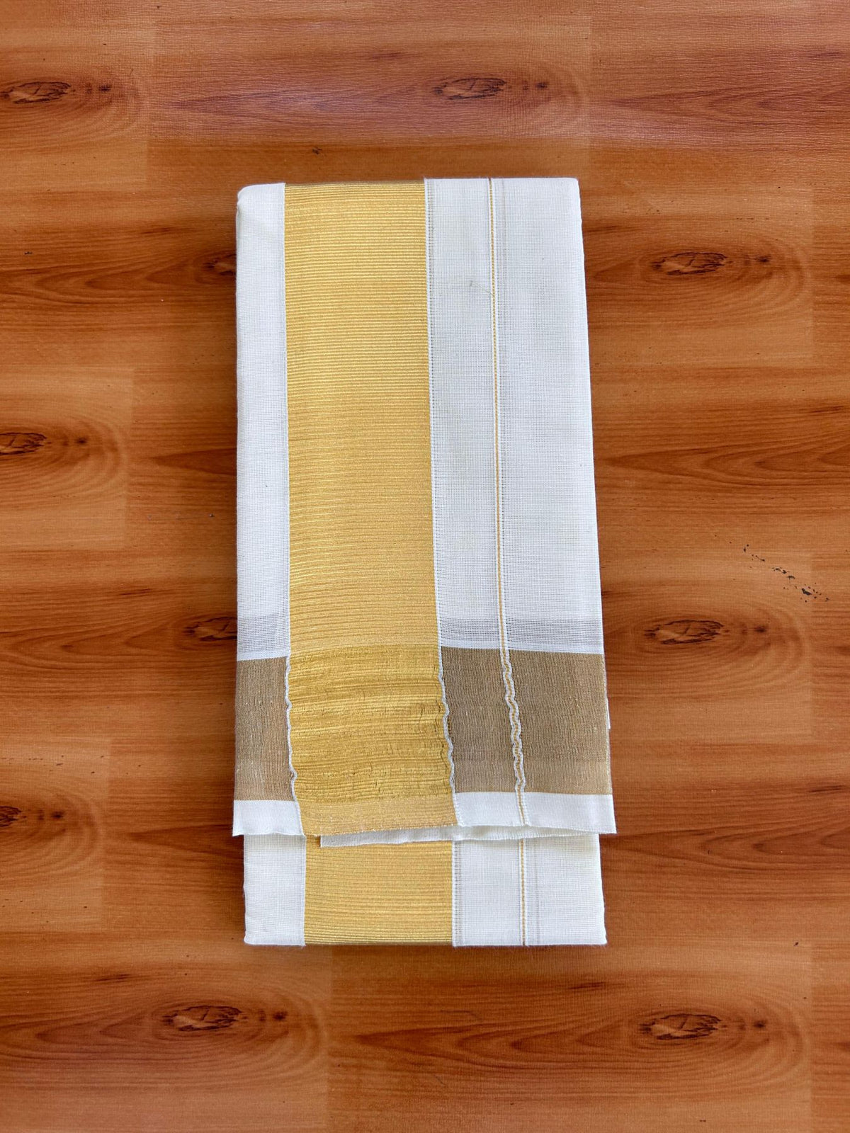 Neriyath Off White  (Unbleached) - KaithariKada -  Mixed Cotton - 2 Inch Gold Kasavu Kara - 1.70 mtr (3.64 muzham)- 8 KK5531 PMC