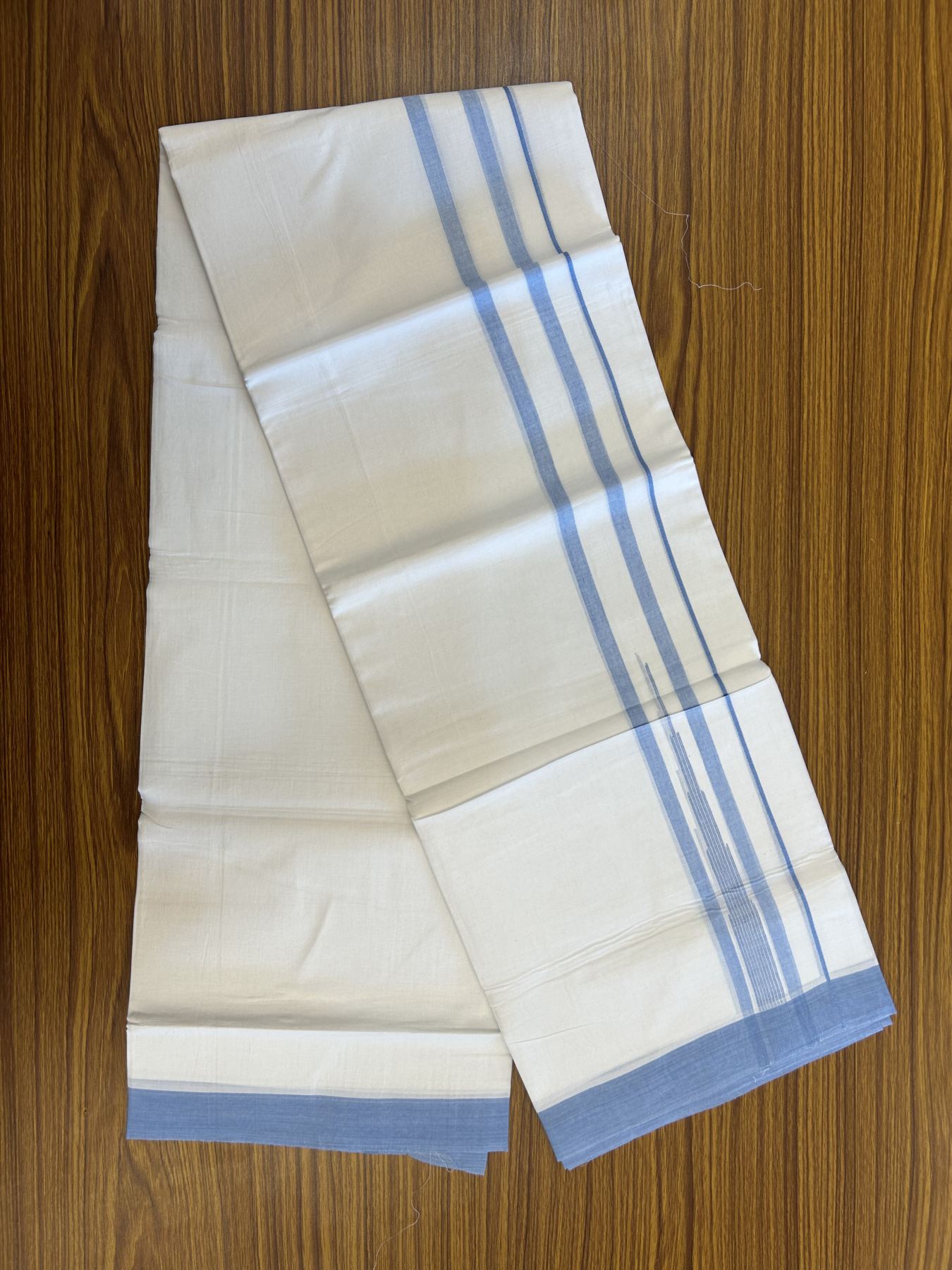 20% Discount ! Kaitharikada Balaramapuram 100% Pure Cotton Double Pure White Mundu/Dhoti - 100x80 - 1.75 inch Sky Blue Shaded Stripes Chutty 3.90 mtr (8 muzham) - 29 KK5312 PMC