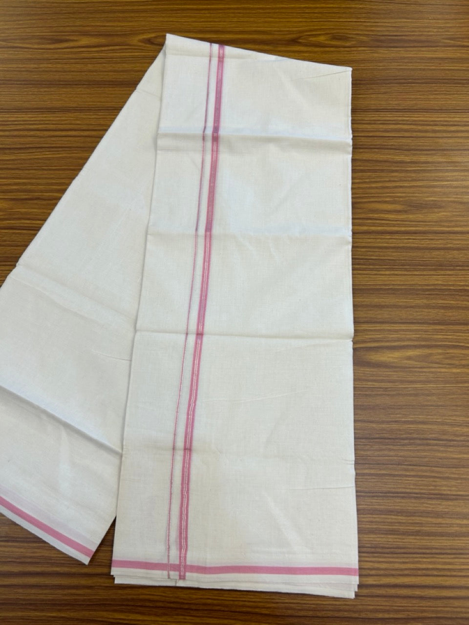 20% Discount ! Kaitharikada Balaramapuram 100% Cotton Off White Double Mundu/Dothi  - 100x80- 0.25 Inch Pink & Silver Kasav Striped Kara - 4mtr (8.5muzham)- 8 KK5279 CKS