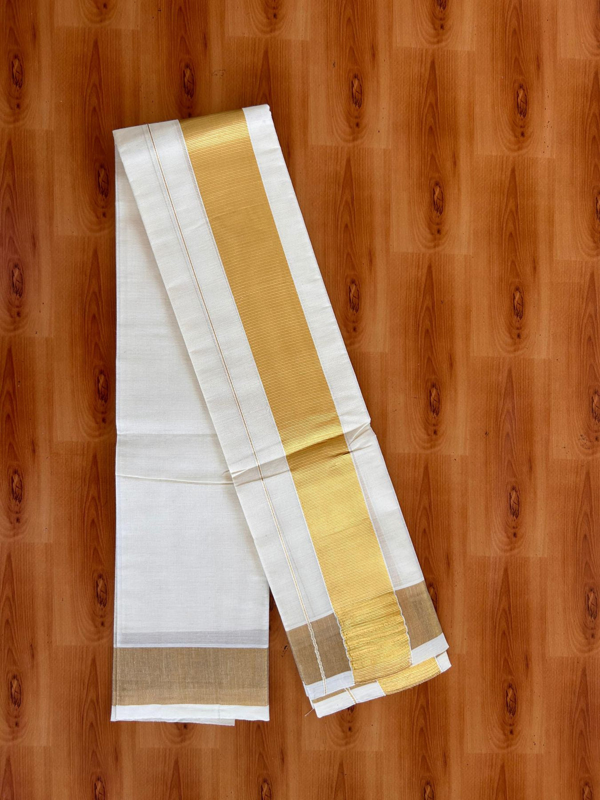 Neriyath Off White  (Unbleached) - KaithariKada -  Mixed Cotton - 2 Inch Gold Kasavu Kara - 1.70 mtr (3.64 muzham)- 8 KK5531 PMC