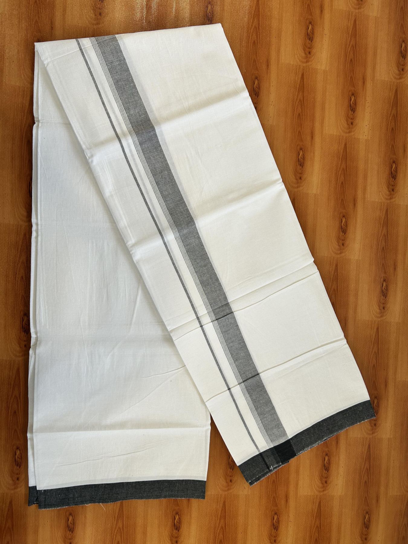 Single Pure White Mundu/Dhoti - KaithariKada Balaramapuram Pure Cotton - 70x30 - 1.25 Inch Black Shaded Striped Kara 1.90 mtr (4 muzham) - 18 KK5418 PMC