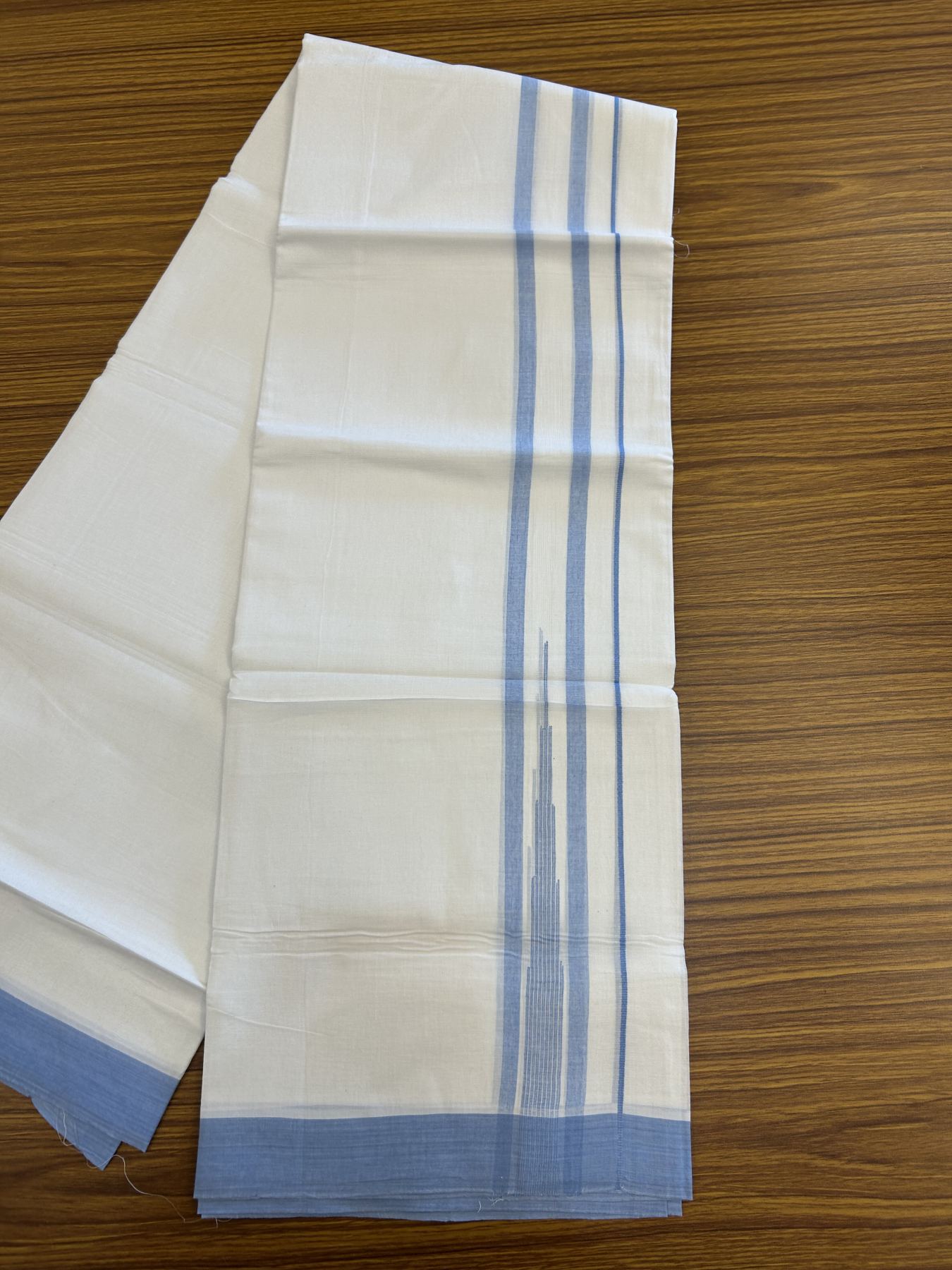 20% Discount ! Kaitharikada Balaramapuram 100% Pure Cotton Double Pure White Mundu/Dhoti - 100x80 - 1.75 inch Sky Blue Shaded Stripes Chutty 3.90 mtr (8 muzham) - 29 KK5312 PMC