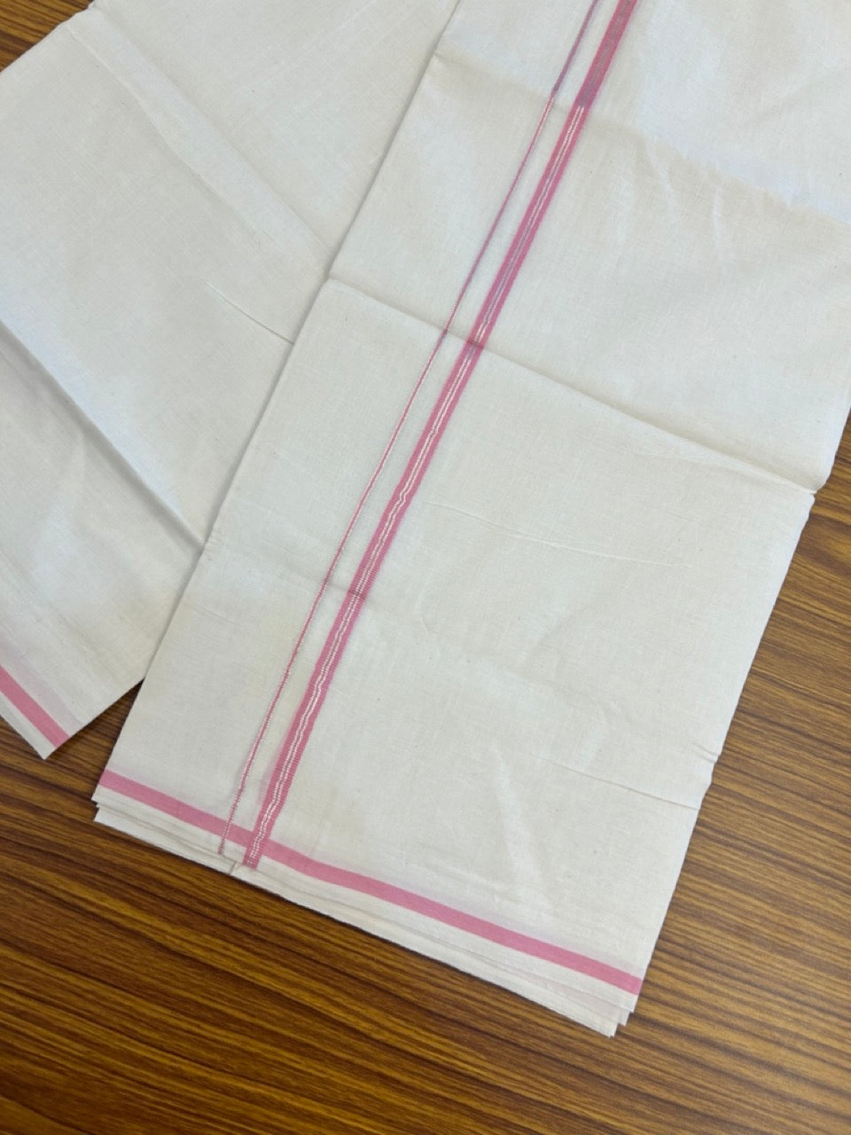 20% Discount ! Kaitharikada Balaramapuram 100% Cotton Off White Double Mundu/Dothi  - 100x80- 0.25 Inch Pink & Silver Kasav Striped Kara - 4mtr (8.5muzham)- 8 KK5279 CKS