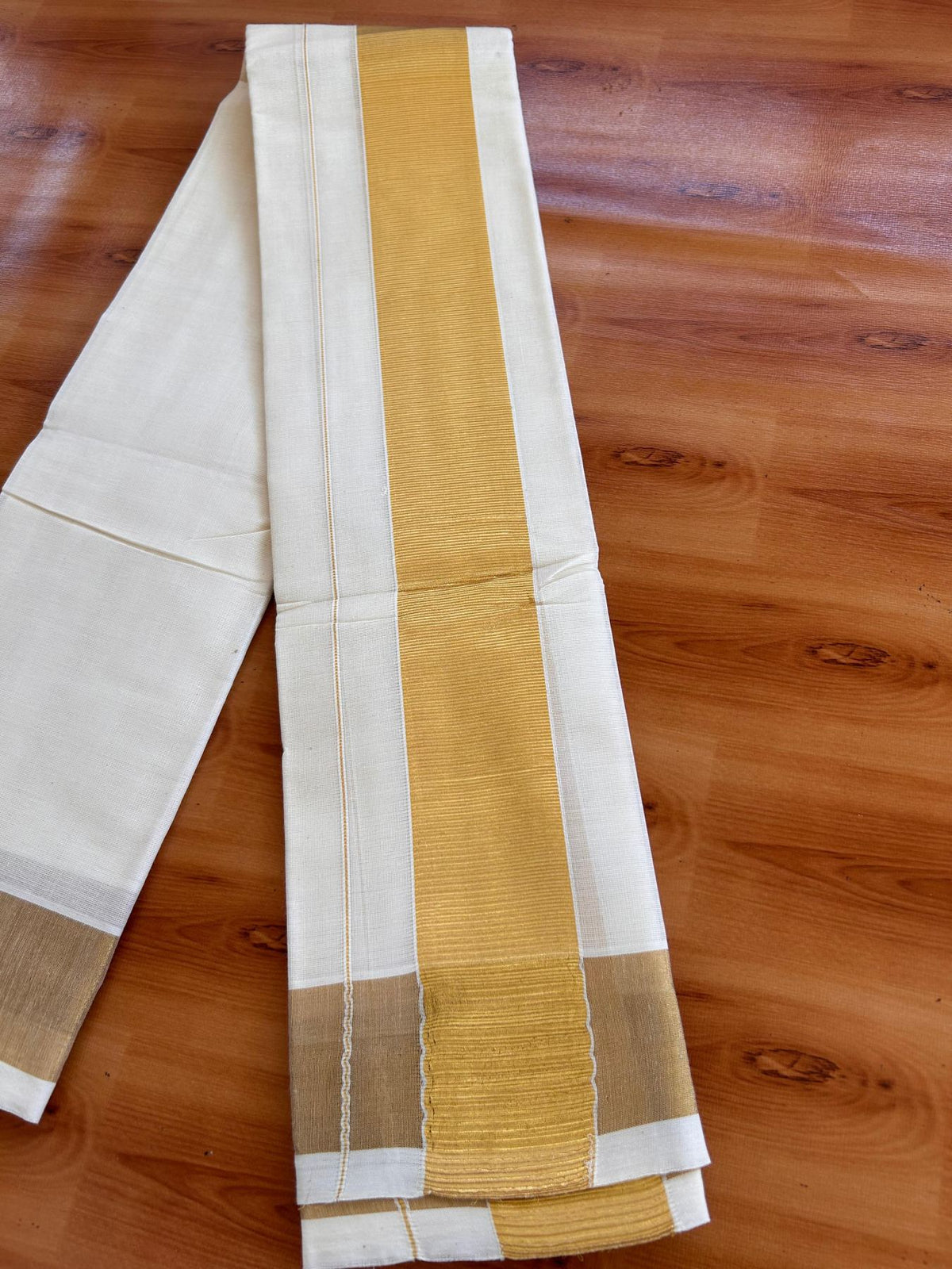 Neriyath Off White  (Unbleached) - KaithariKada -  Mixed Cotton - 2 Inch Gold Kasavu Kara - 1.70 mtr (3.64 muzham)- 8 KK5531 PMC