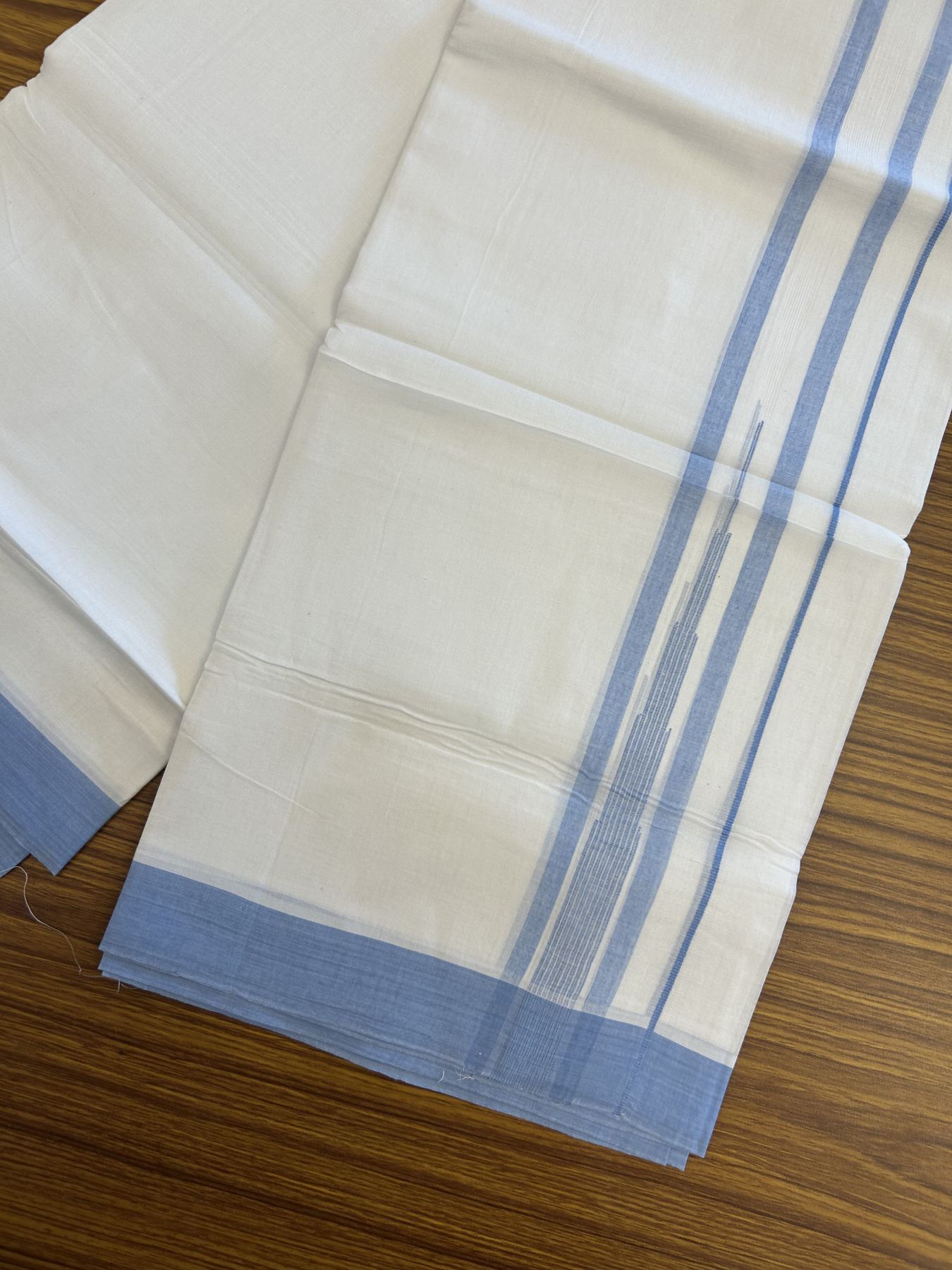 20% Discount ! Kaitharikada Balaramapuram 100% Pure Cotton Double Pure White Mundu/Dhoti - 100x80 - 1.75 inch Sky Blue Shaded Stripes Chutty 3.90 mtr (8 muzham) - 29 KK5312 PMC