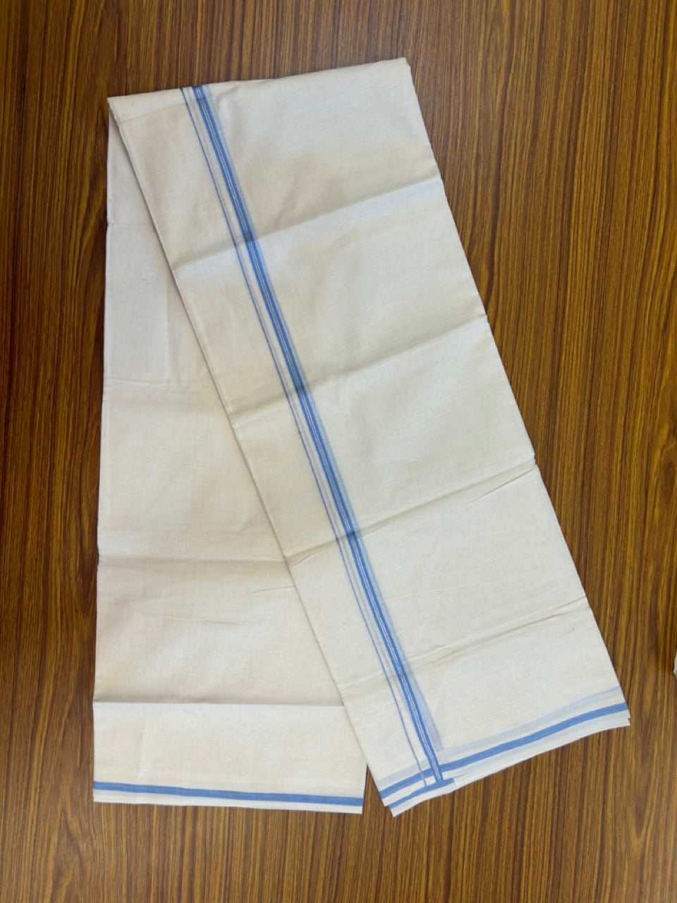 20% Discount ! Kaitharikada Balaramapuram 100% Cotton Off White Double Mundu/Dothi  - 100x80- 0.25 Inch Blue & Silver Kasav Striped Kara - 4mtr (8.5muzham)- 9 KK5279 CKS