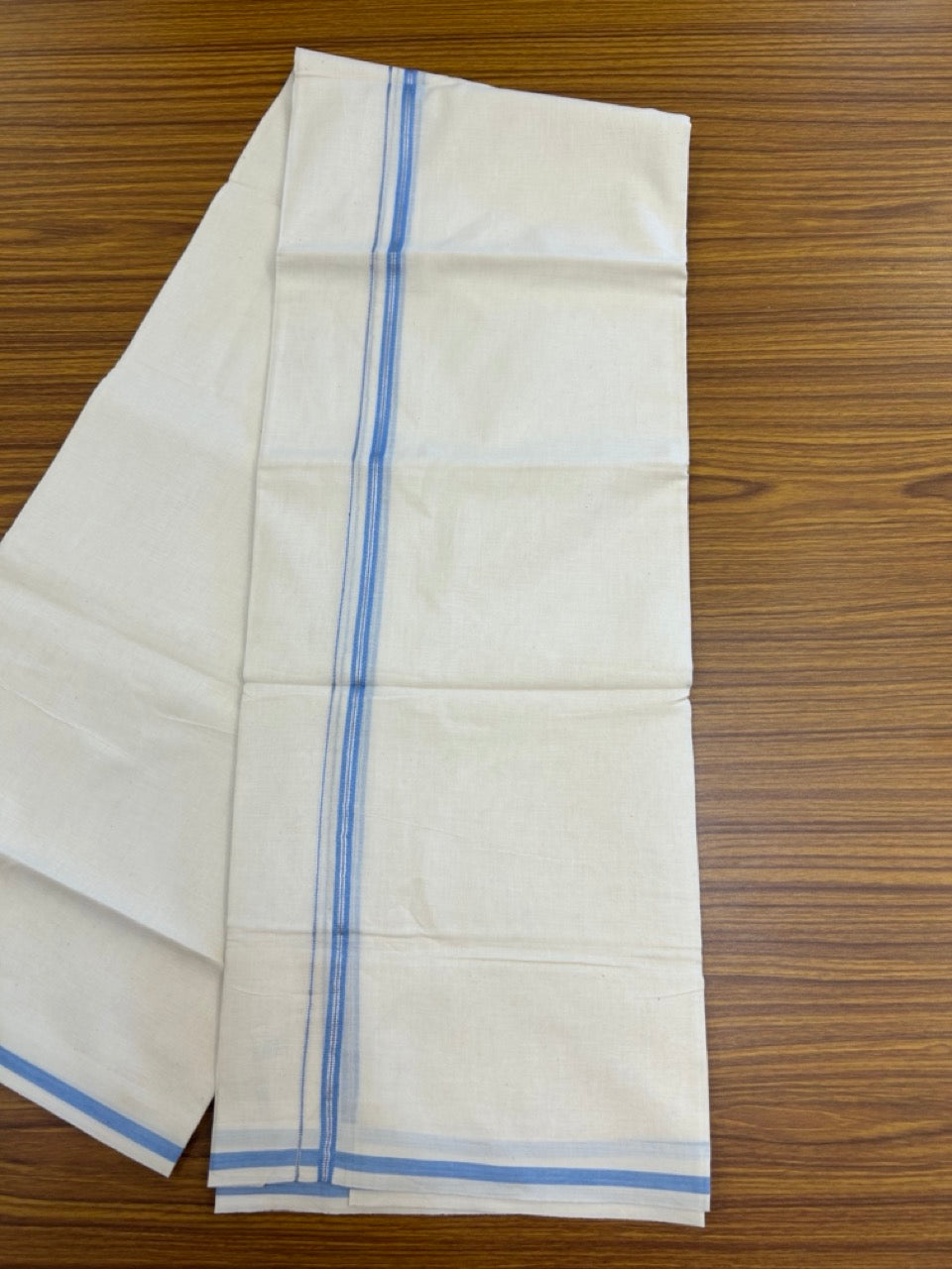 20% Discount ! Kaitharikada Balaramapuram 100% Cotton Off White Double Mundu/Dothi  - 100x80- 0.25 Inch Blue & Silver Kasav Striped Kara - 4mtr (8.5muzham)- 9 KK5279 CKS