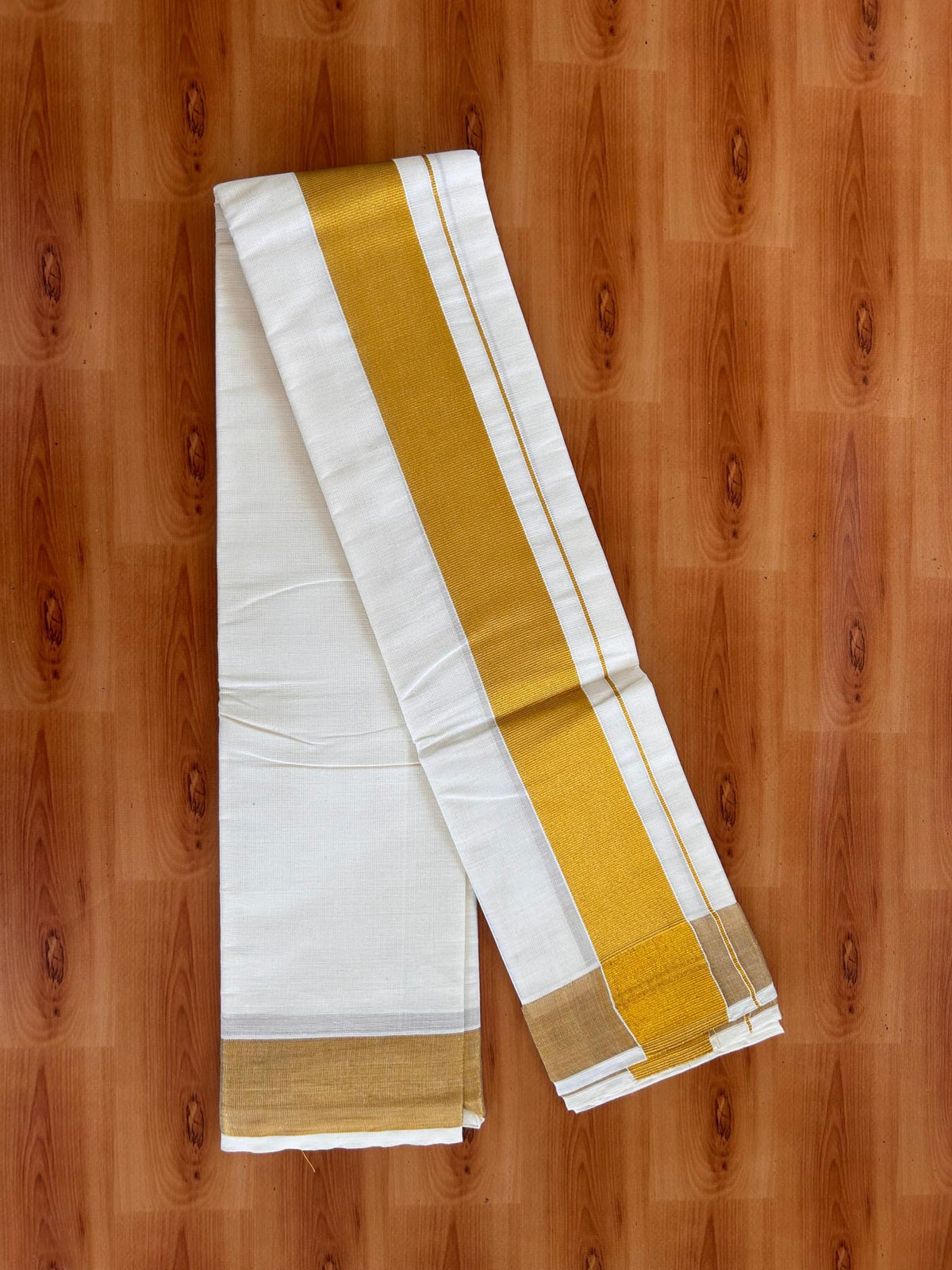 Neriyath Off White  (Unbleached) - KaithariKada -  Mixed Cotton - 1.75 Inch Gold Kasavu Kara - 1.70 mtr (3.64 muzham)- 9 KK5531 PMC