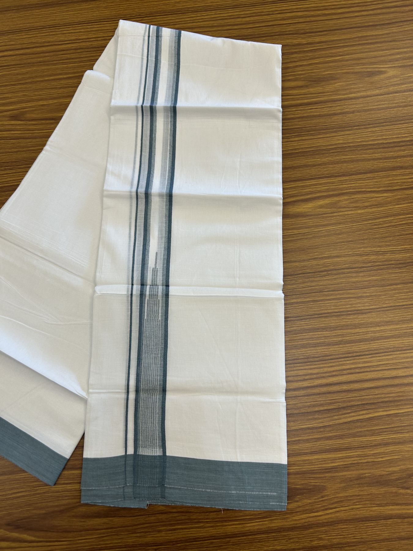 20% Discount ! Kaitharikada Balaramapuram 100% Pure Cotton Double Pure White Mundu/Dhoti - 100x80 - 1.25 inch Pine Green Shaded Stripes Chutty 3.90 mtr (8 muzham) - 43 KK5312 PMC