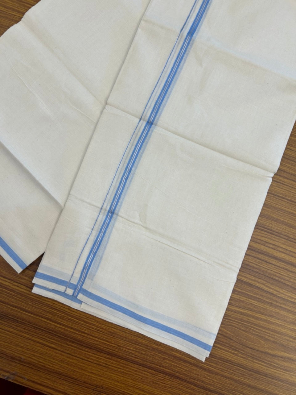 20% Discount ! Kaitharikada Balaramapuram 100% Cotton Off White Double Mundu/Dothi  - 100x80- 0.25 Inch Blue & Silver Kasav Striped Kara - 4mtr (8.5muzham)- 9 KK5279 CKS