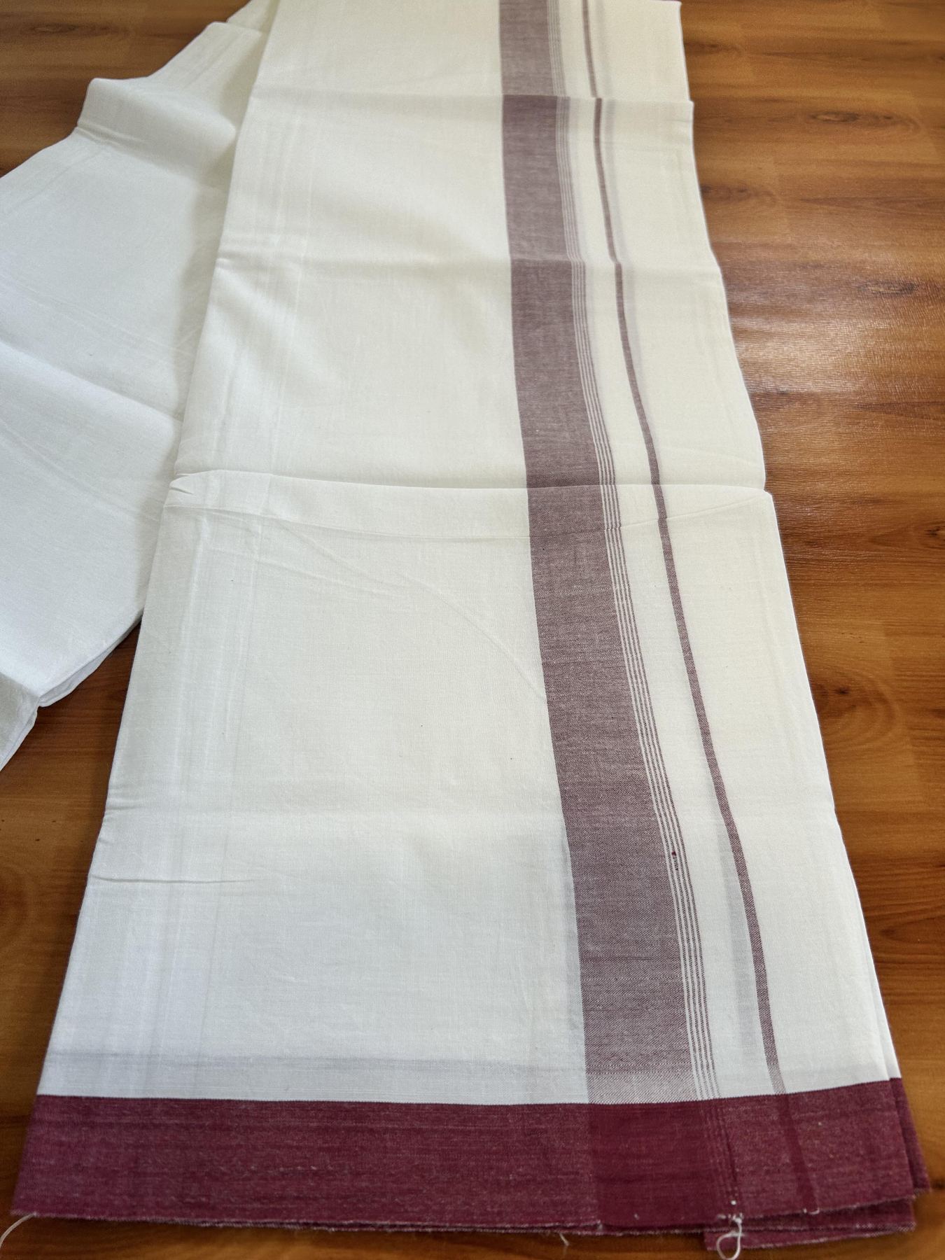 Single Pure White Mundu/Dhoti - KaithariKada Balaramapuram Pure Cotton - 70x30 - 1.25 Inch Maroon Shaded Striped Kara 1.90 mtr (4 muzham) - 20 KK5418 PMC