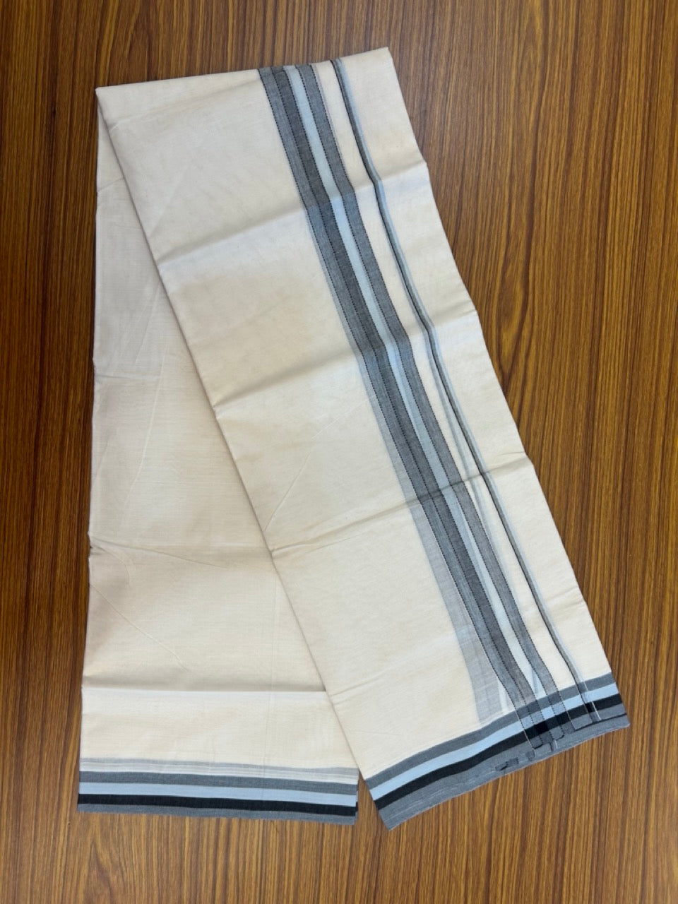 20% Discount ! Kaitharikada Balaramapuram 100% Cotton Off White Double Mundu/Dothi  - 100x80- 1.5 Inch Silver Kasav Sky Blue & Black Shaded Kara - 4mtr (8.5muzham)- 7 KK5279 CKS