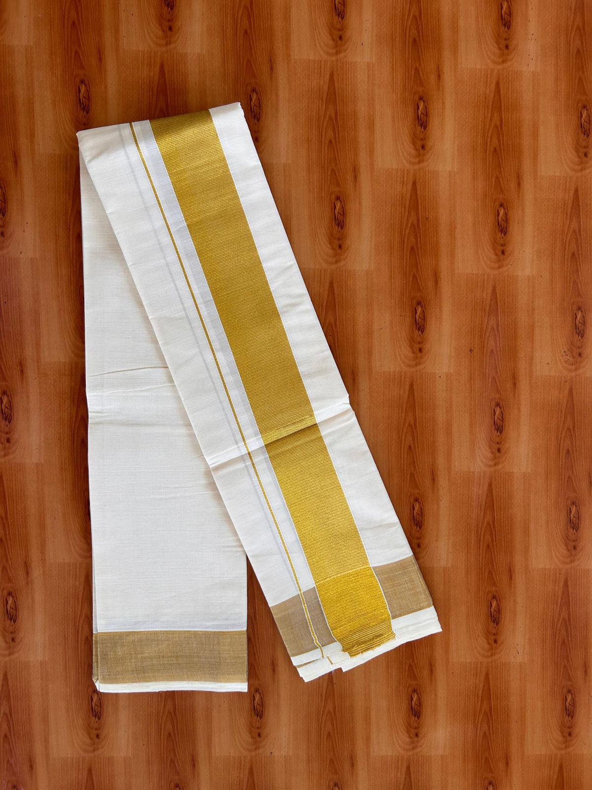 Neriyath Off White  (Unbleached) - KaithariKada -  Mixed Cotton - 2 Inch Gold Kasavu Kara - 1.70 mtr (3.64 muzham)- 10 KK5531 PMC