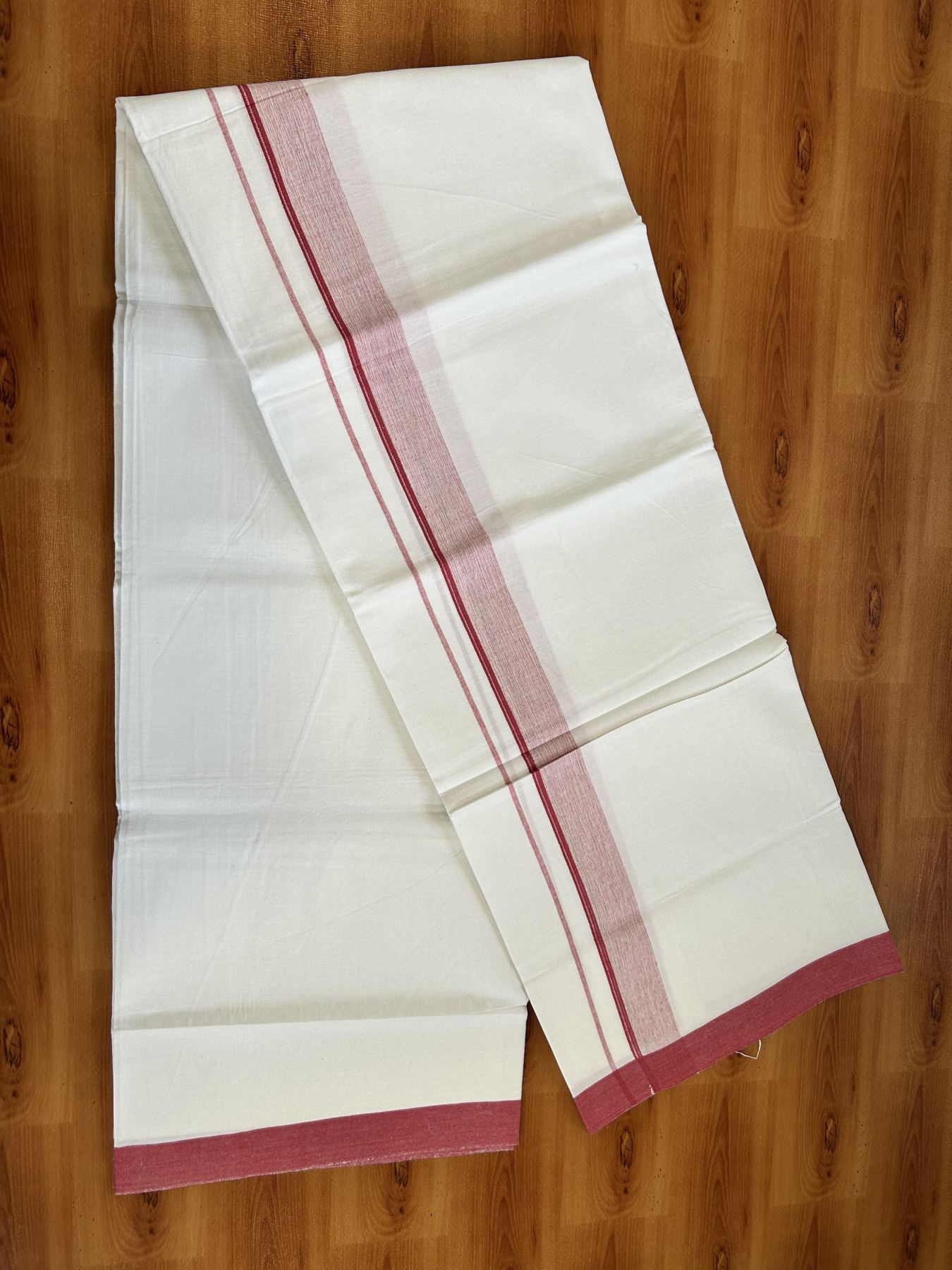 Single Pure White Mundu/Dhoti - KaithariKada Balaramapuram Pure Cotton - 70x30 - 1.25 Inch Magenta Shaded Striped Kara 1.90 mtr (4 muzham) - 27 KK5418 PMC