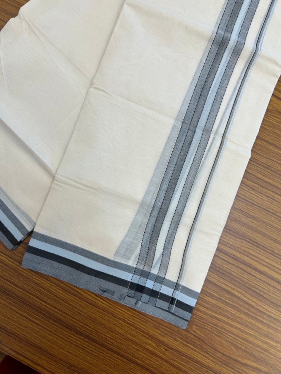 20% Discount ! Kaitharikada Balaramapuram 100% Cotton Off White Double Mundu/Dothi  - 100x80- 1.5 Inch Silver Kasav Sky Blue & Black Shaded Kara - 4mtr (8.5muzham)- 7 KK5279 CKS
